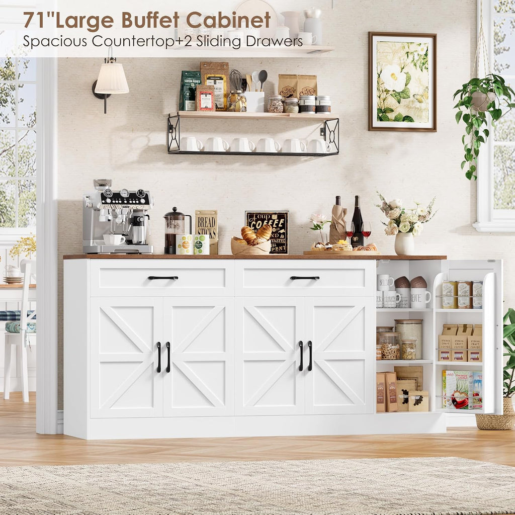 BOTLOG 71' Large Sideboard Buffet Cabinet with Storage, Farmhouse Buffet Cabinet with Adjustable Shelves and 3 Door Shelves, Wood Coffee Bar Console Table for Kitchen, Dining Room (White)