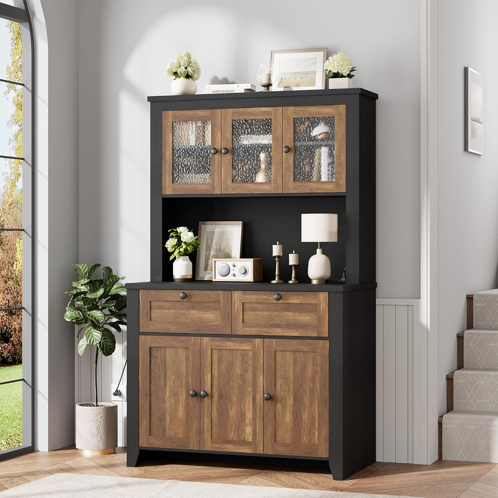 Pantry Cabinet with Charging Station, Farmhouse Kitchen Pantry Storage Cabinet with Countertop, Large Kitchen Hutch with Storage Drawers and Adjustable Shelves & Water Ripple Design for Dining Room,