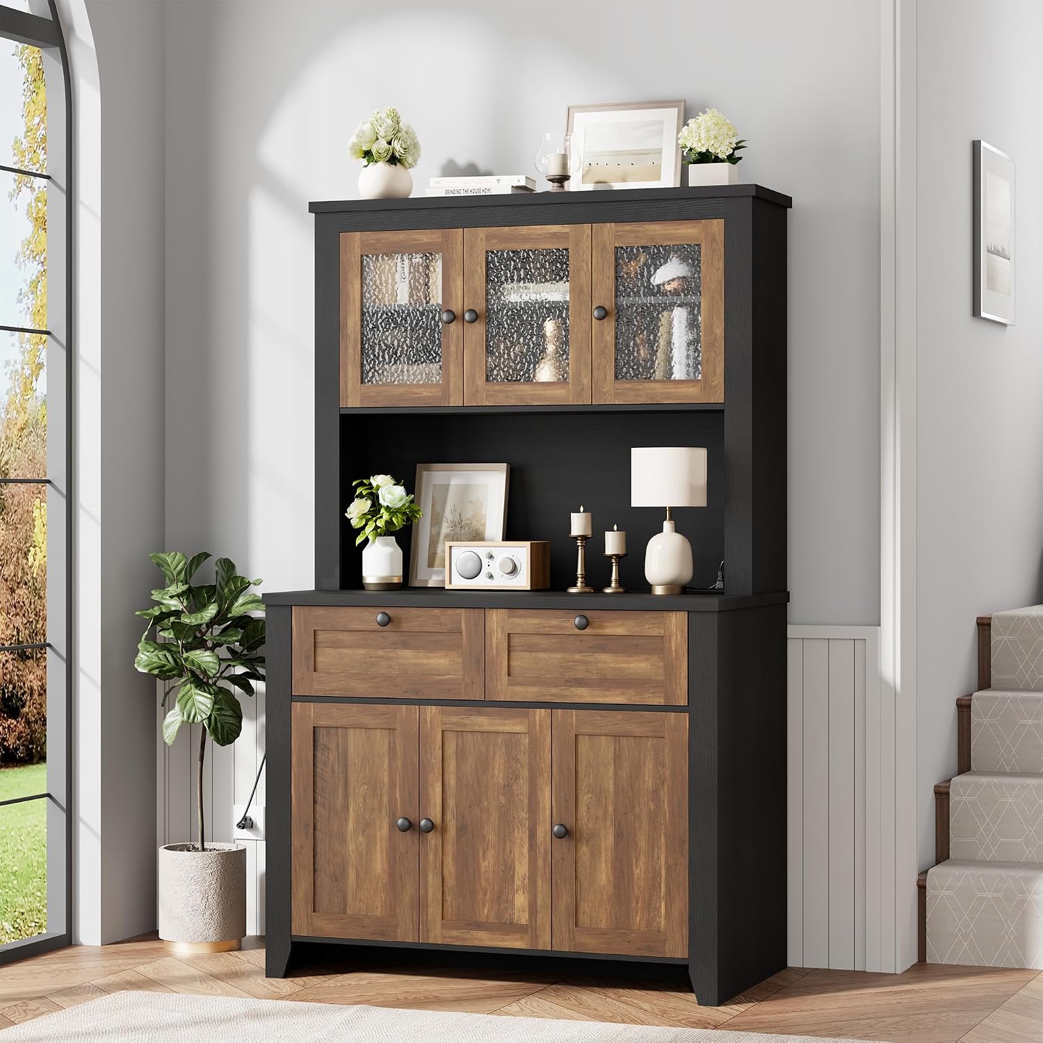 Pantry Cabinet with Charging Station, Farmhouse Kitchen Pantry Storage Cabinet with Countertop, Large Kitchen Hutch with Storage Drawers and Adjustable Shelves & Water Ripple Design for Dining Room,