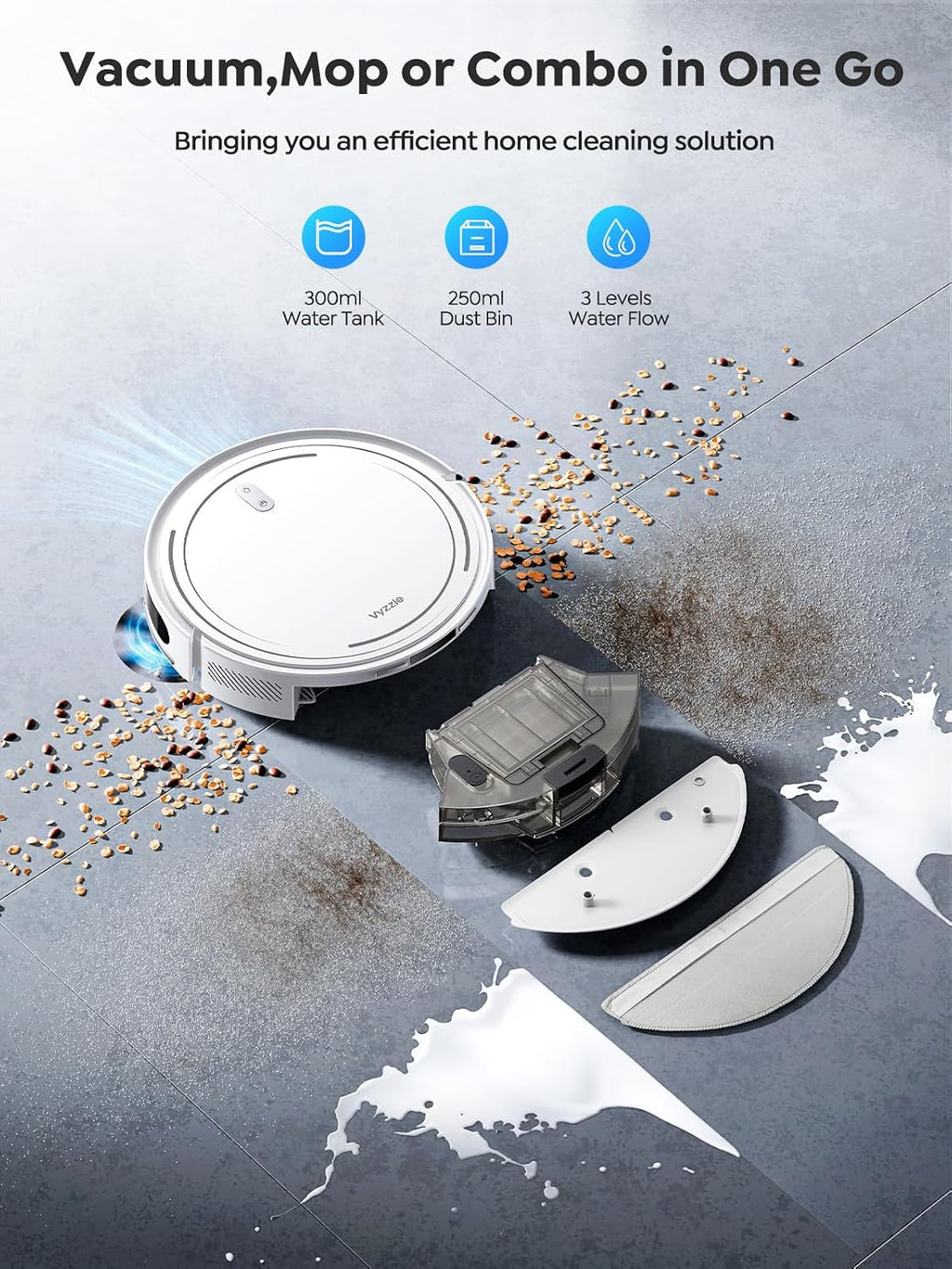 Vyzzle Robot Vacuum and Mop, Smart Navigation Robot Vacuum with 5000Pa Suction, Ultra Slim Robot Vacuum Cleaner, 150Mins Max, App/Alexa Control for Pet Hair, Hard Floor, Carpet, Customized Cleaning
