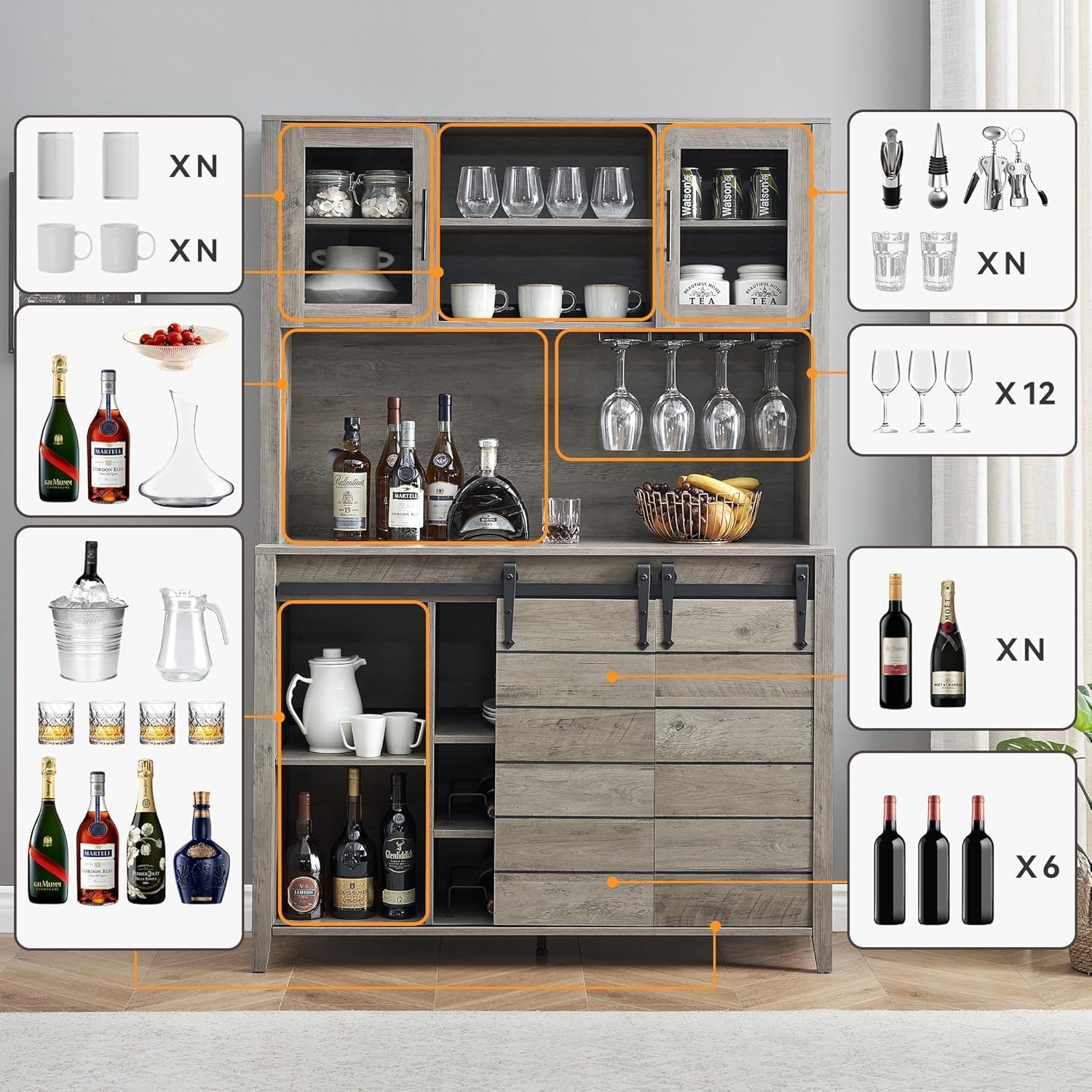 IDEALHOUSE 70'' Wine Coffee Bar Cabinet with Storage Hutch, Tall Kitchen Pantry Liquor Cabinet with Sliding Barn Doors, Bottle Glasses Rack, Farmhouse Buffet for Home Dining Room, Gray