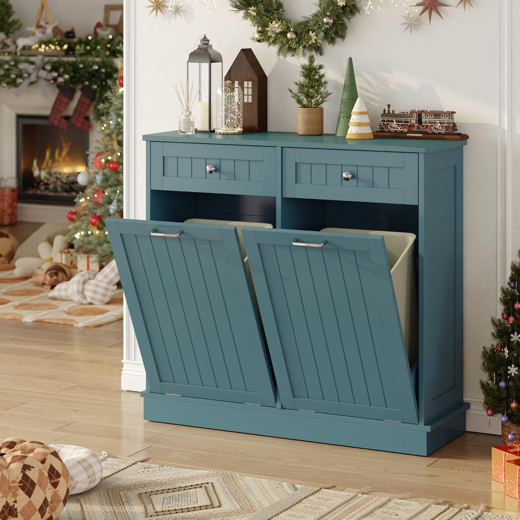 KIGOTY Double Tilt Out Trash Can Cabinet, 20 Gallon Hidden Trash Storage Cabinet with 2 Hideaway Drawers, Freestanding Trash Can for Kitchen, Wooden Laundry Hamper Cabinet, Pet Proof (Lake Blue)