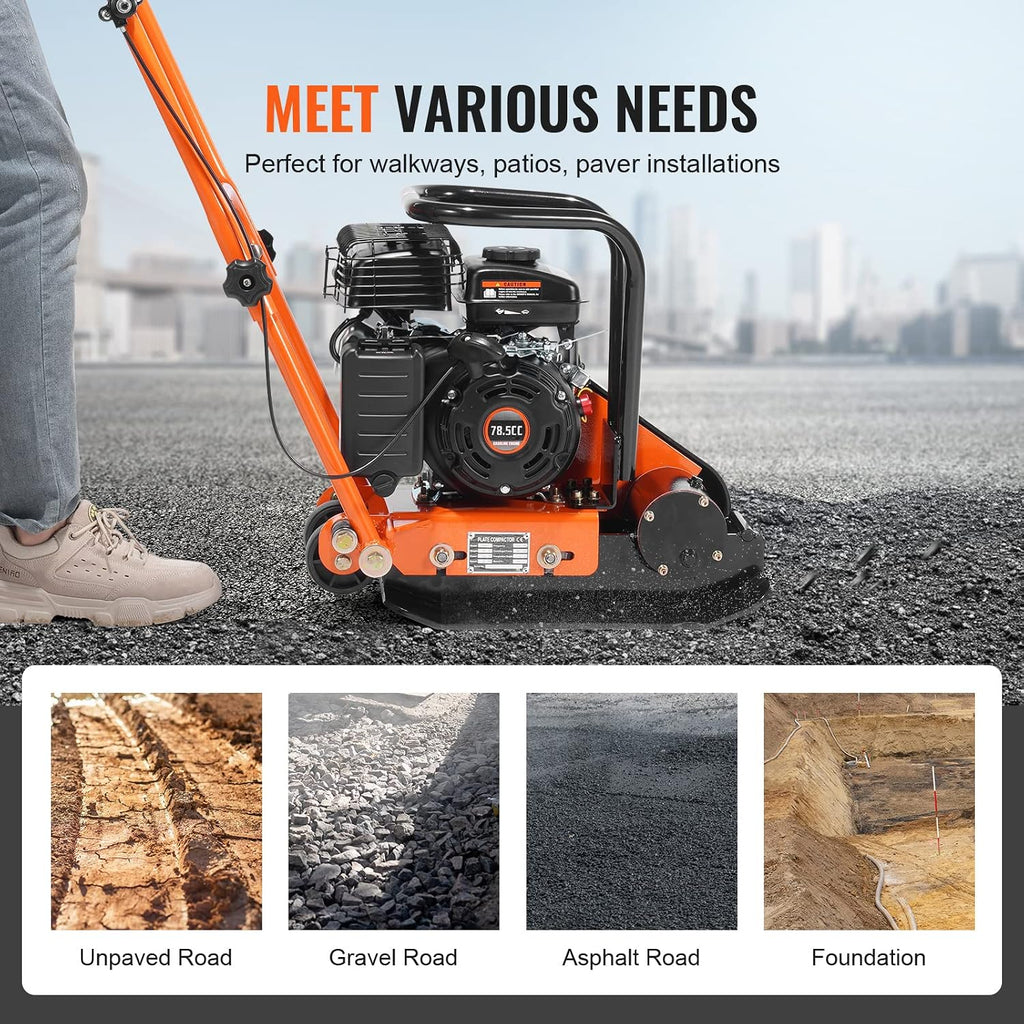 VEVOR Plate Compactor, 2.8 HP 78.5CC Gas Engine 5,250 VPM, 1,920 lbs Force Vibratory Compaction Tamper with 18.7 x 11.8 inch Plate for Walkways, Patios, Asphalts, Paver Landscaping, EPA Compliant