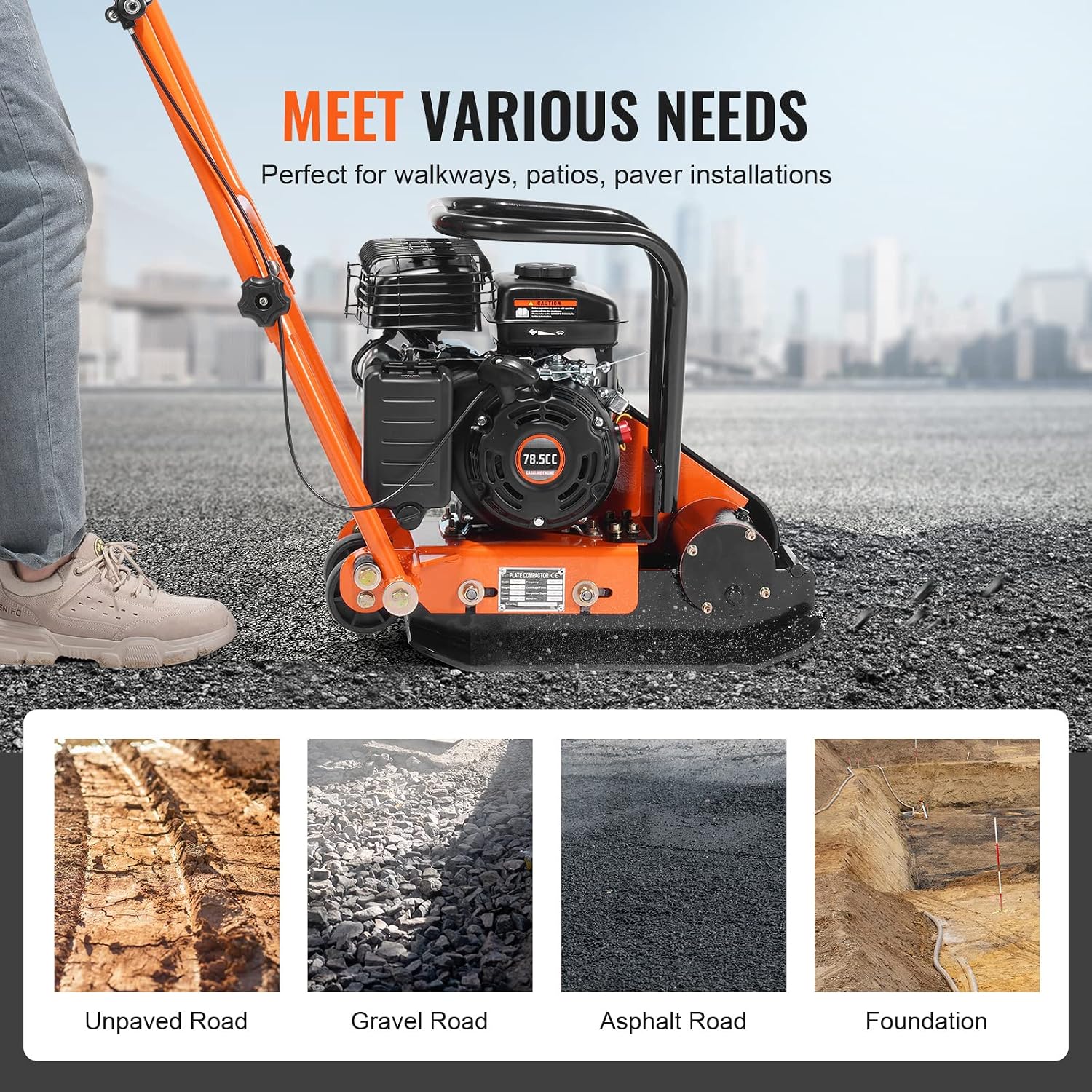 VEVOR Plate Compactor, 2.8 HP 78.5CC Gas Engine 5,250 VPM, 1,920 lbs Force Vibratory Compaction Tamper with 18.7 x 11.8 inch Plate for Walkways, Patios, Asphalts, Paver Landscaping, EPA Compliant
