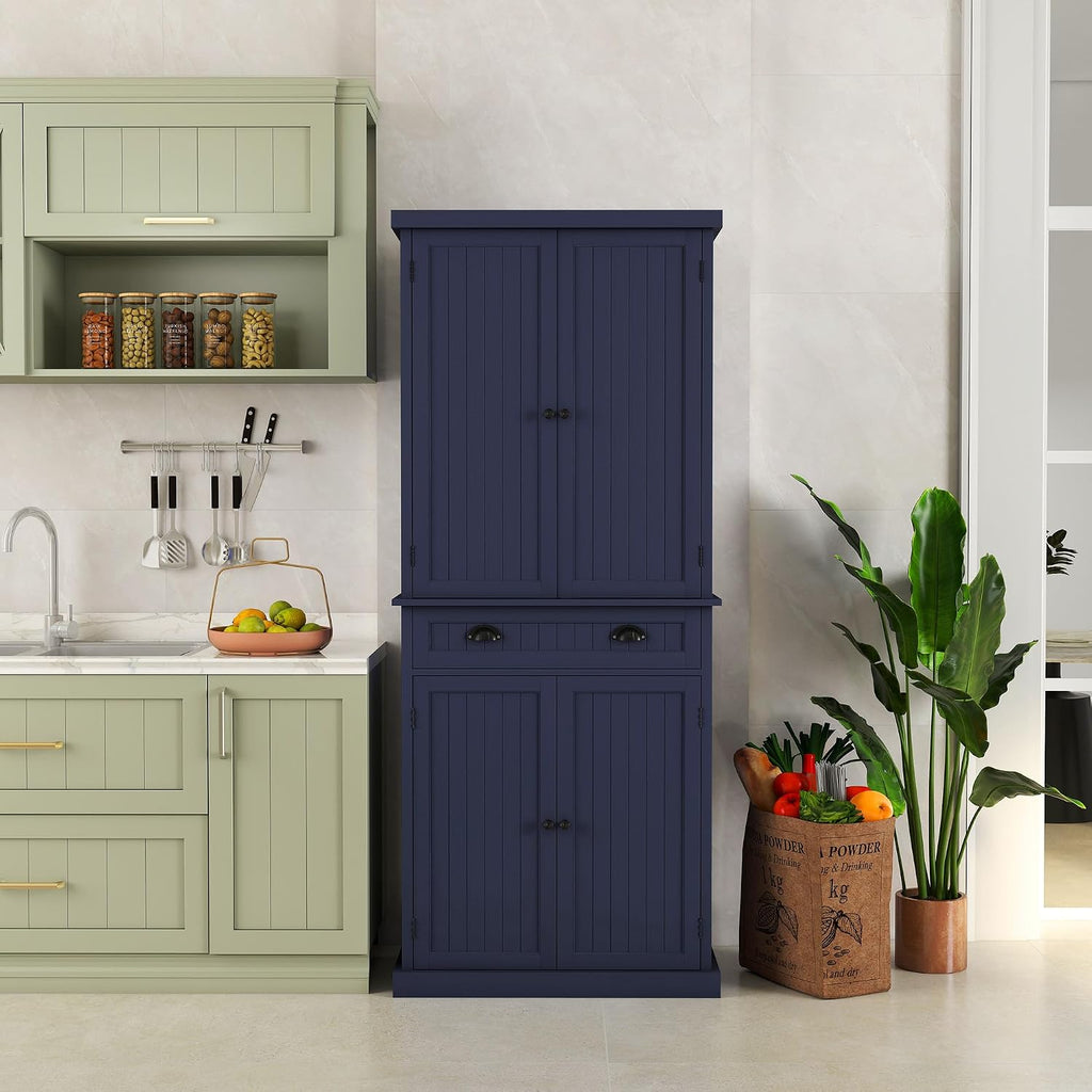 Kitchen Pantry Cabinet, Tall Pantry Storage Cabinet with Drawer and Adjustable Shelves, Blue Freestanding Cupboard for Kitchen, Dining Room and Living Room