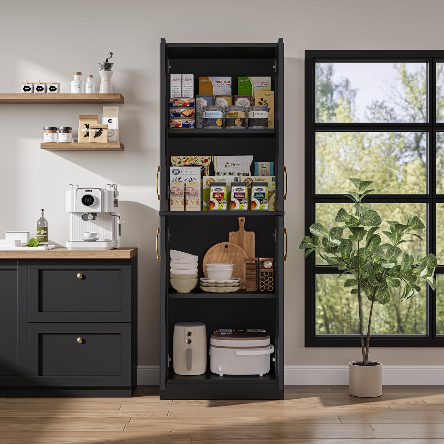 Storage Cabinet - Pantry Organizers and Storage with 4 Doors and Adjustable Shelves, Tall Bathroom Cabinet Freestanding Narrow Kitchen Cupboard for Dining Room Living Room, Laundry, Black