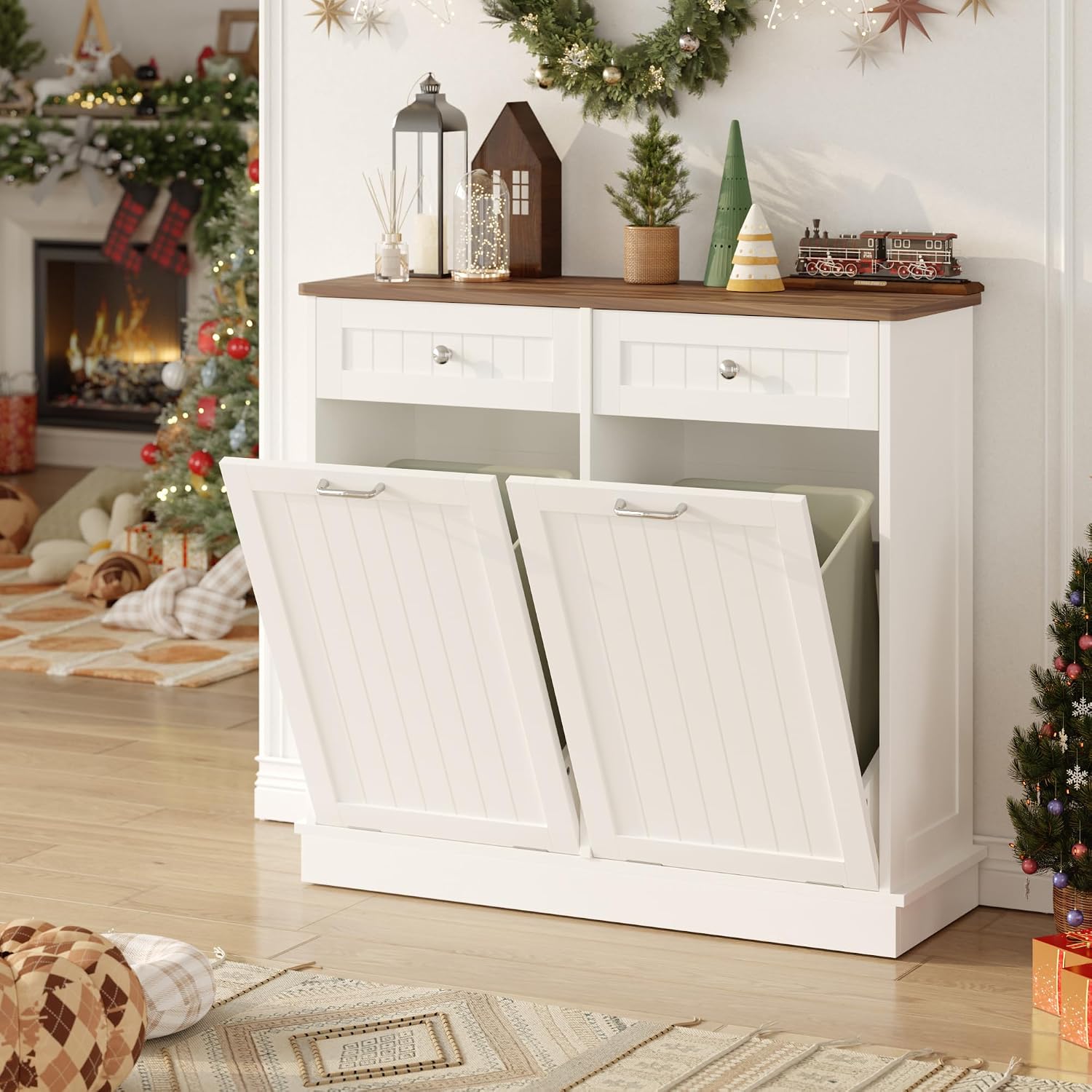 KIGOTY Double Tilt Out Trash Can Cabinet, 20 Gallon Hidden Trash Storage Cabinet with 2 Hideaway Drawers, Freestanding Trash Can for Kitchen, Wooden Laundry Hamper Cabinet, Pet Proof (White-Walnut)