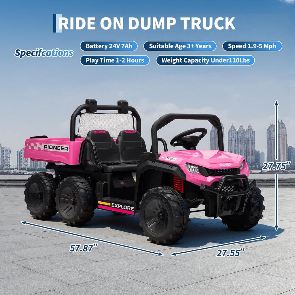 24V 2 Seater Ride on Dump Truck, 4WD Electric Car with Remote Control, Dump Bed, 3 Speed Modes, Music Player, RideToy for Boys & Girls Gift