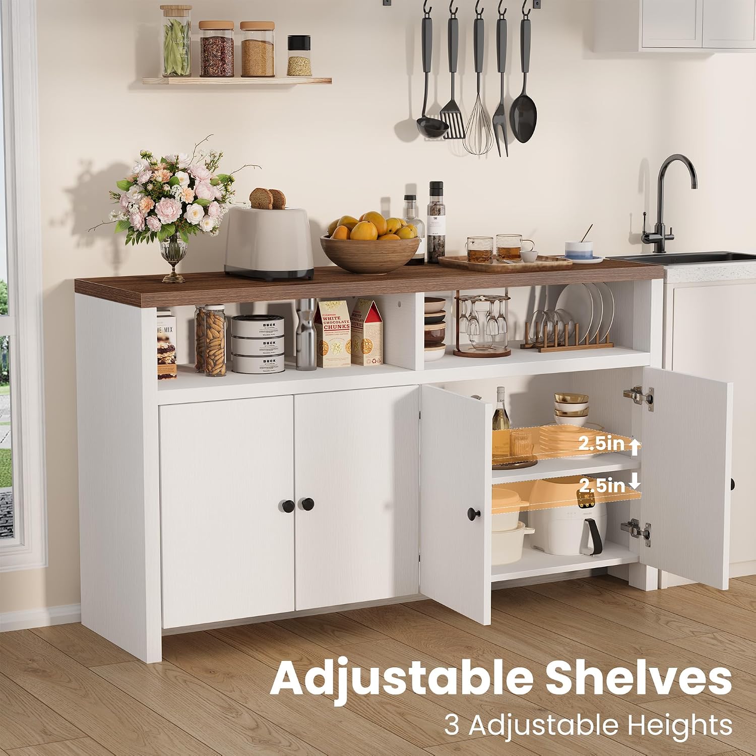 Garvee Sideboard Buffet Cabinet with Storage, 55'' Large Farmhouse Kitchen Storage Cabinet with 4 Doors & Adjustable Shelves, Wood Coffee Bar Cabinet for Dining Room, Entryway, Living Room, White