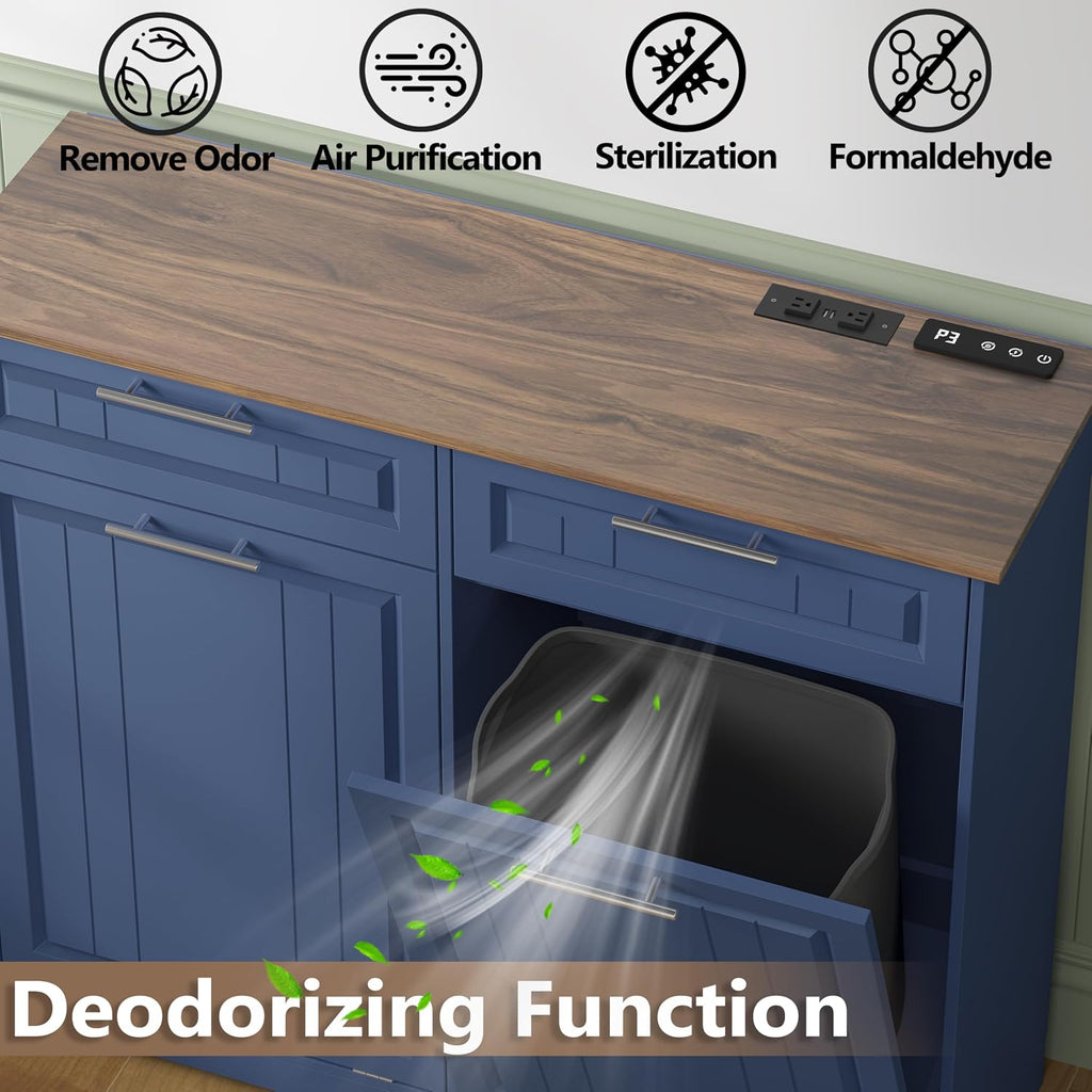 2 x 10 Gallon Double Tilt Out Trash Can Cabinet with Deodorizing Function & Charging Station, Hidden Laundry Hamper Cabinet with Storage Drawers, Garbage Can Holder for Kitchen, Bathroom, Blue
