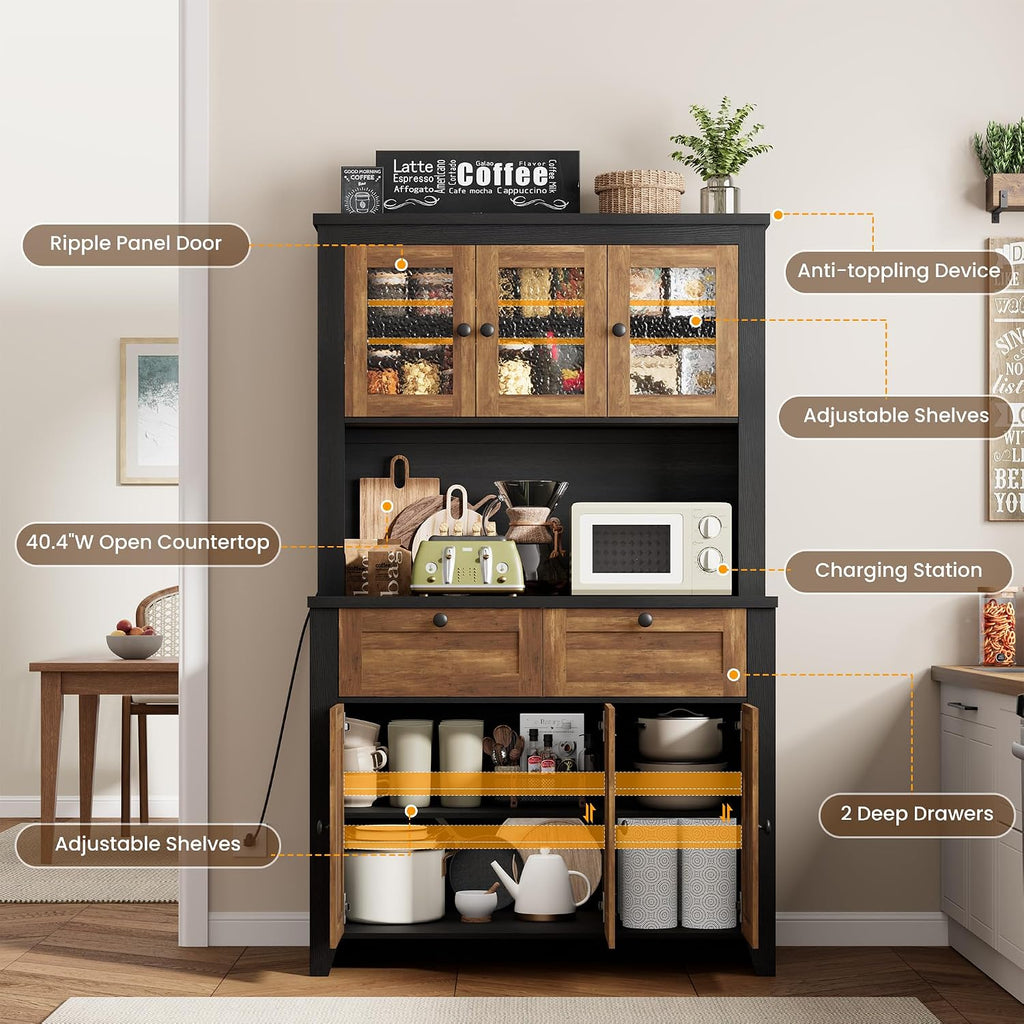 Pantry Cabinet with Charging Station, Farmhouse Kitchen Pantry Storage Cabinet with Countertop, Large Kitchen Hutch with Storage Drawers and Adjustable Shelves & Water Ripple Design for Dining Room,