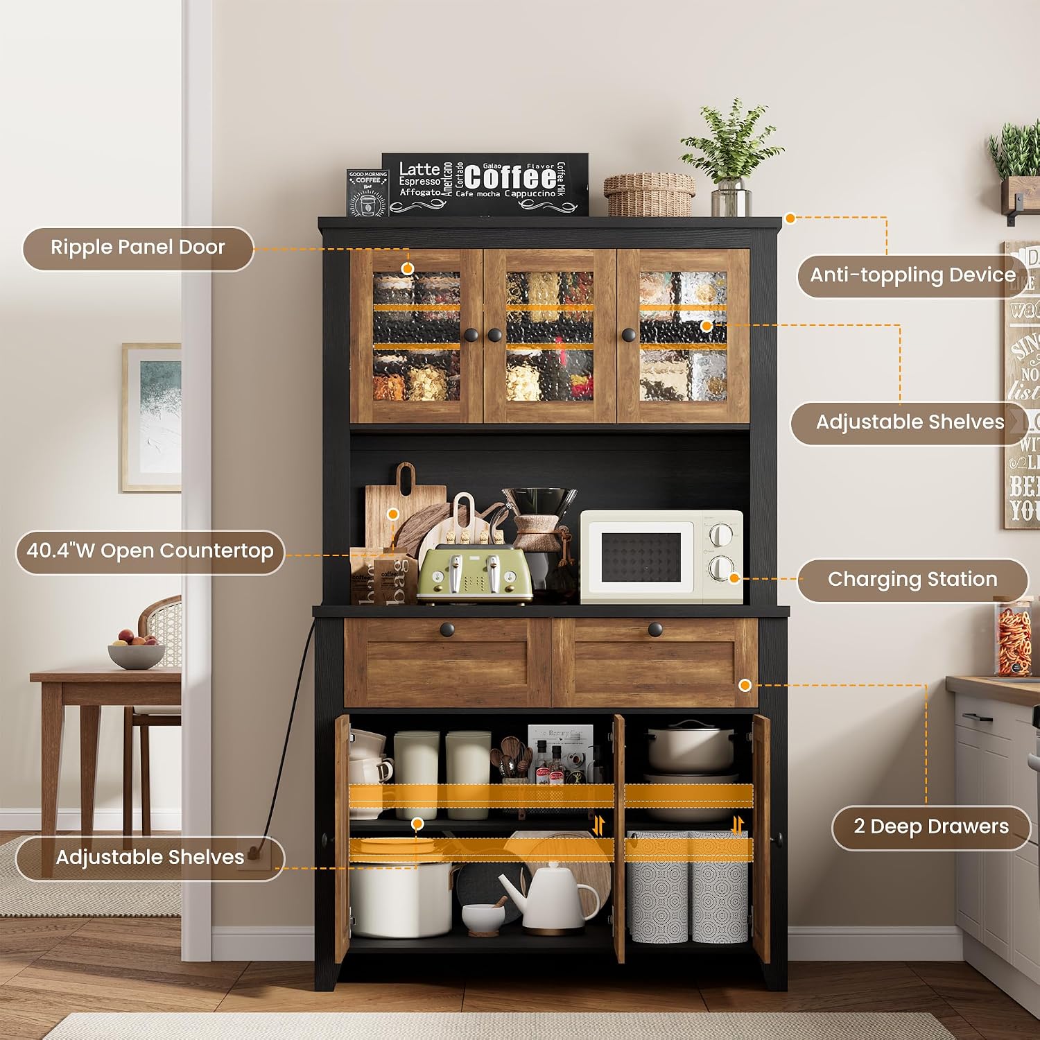 Pantry Cabinet with Charging Station, Farmhouse Kitchen Pantry Storage Cabinet with Countertop, Large Kitchen Hutch with Storage Drawers and Adjustable Shelves & Water Ripple Design for Dining Room,