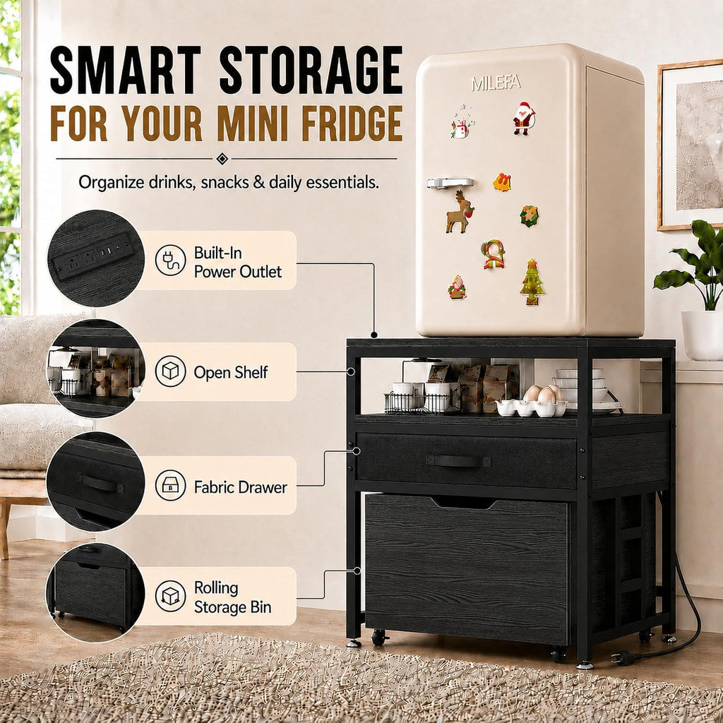 Mini Fridge Stand with Storage Drawer for Dorm Room, 220 lb Heavy Duty Refrigerator Stand with Power Outlet and Pull-Out Basket, Small Fridge Table for Apartment, office, Kitchen, Black