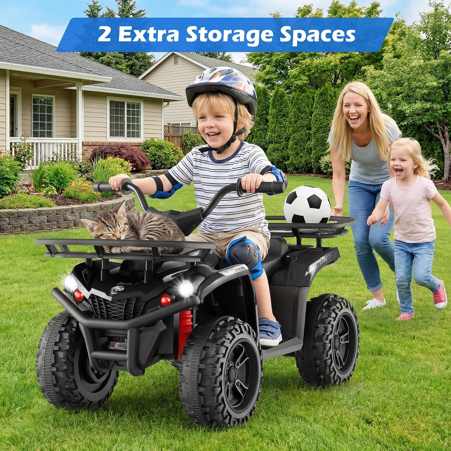 OLAKIDS 24V Kids ATV Quad with 2 Speeds, Spring Suspension, LED Lights, Music & Story Player, Big Tires, 2 Storage Spaces, Ride On Car for Boys Girls Ages 3+ (24V, Dark)