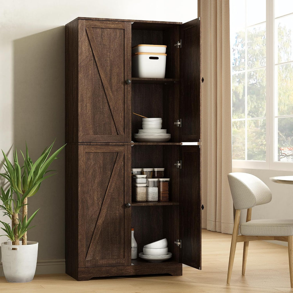 Kitchen Pantry Cabinet Set of 3, 72' Tall Farmhouse Storage Cabinet with 4 Barn Doors and Adjustable Shelves, Pantry Cabinet Versatile Storage for Kitchen, Living Room, Brown