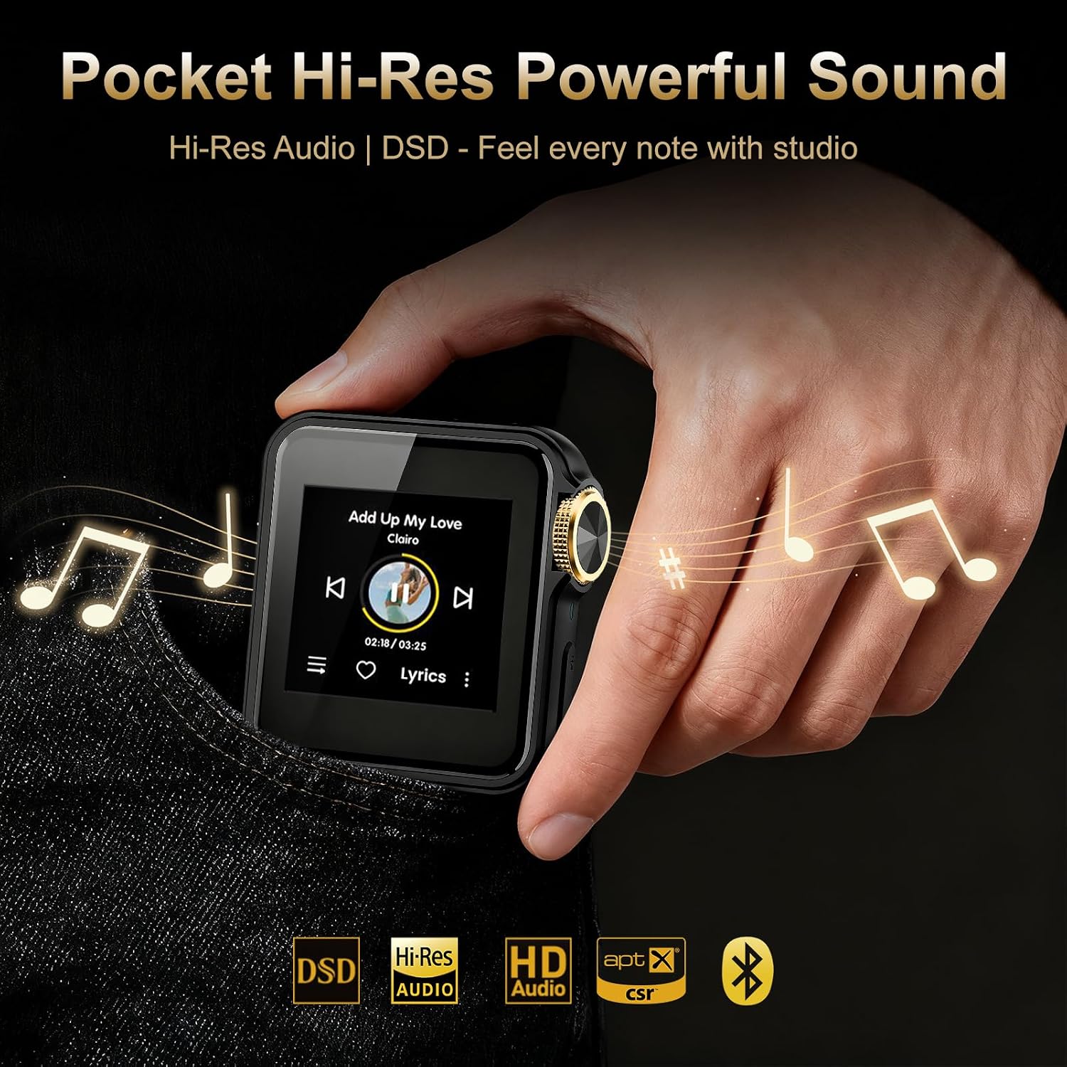 HIFI WALKER H2 Mini MP3 Player with APTX Bluetooth, Hi-Res Audio, Lossless DSD/FLAC, Touch Screen & Wearable Clip, Portable Music Player for Running & Travel, 64GB Memory, Supports up to 512GB