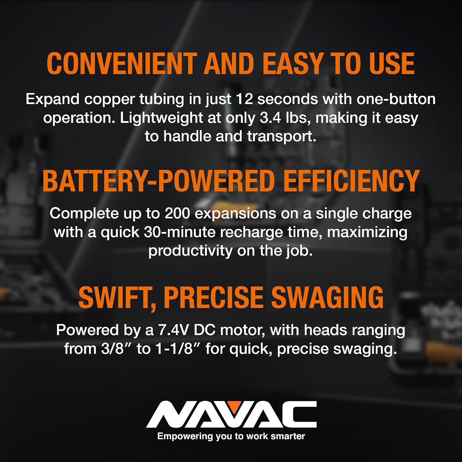 NAVAC NTE11L Power Tubing Expander - Soft or Annealed Copper Swaging Tool - Battery-Operated - One-Button Operation - Quick Connect Expander Heads