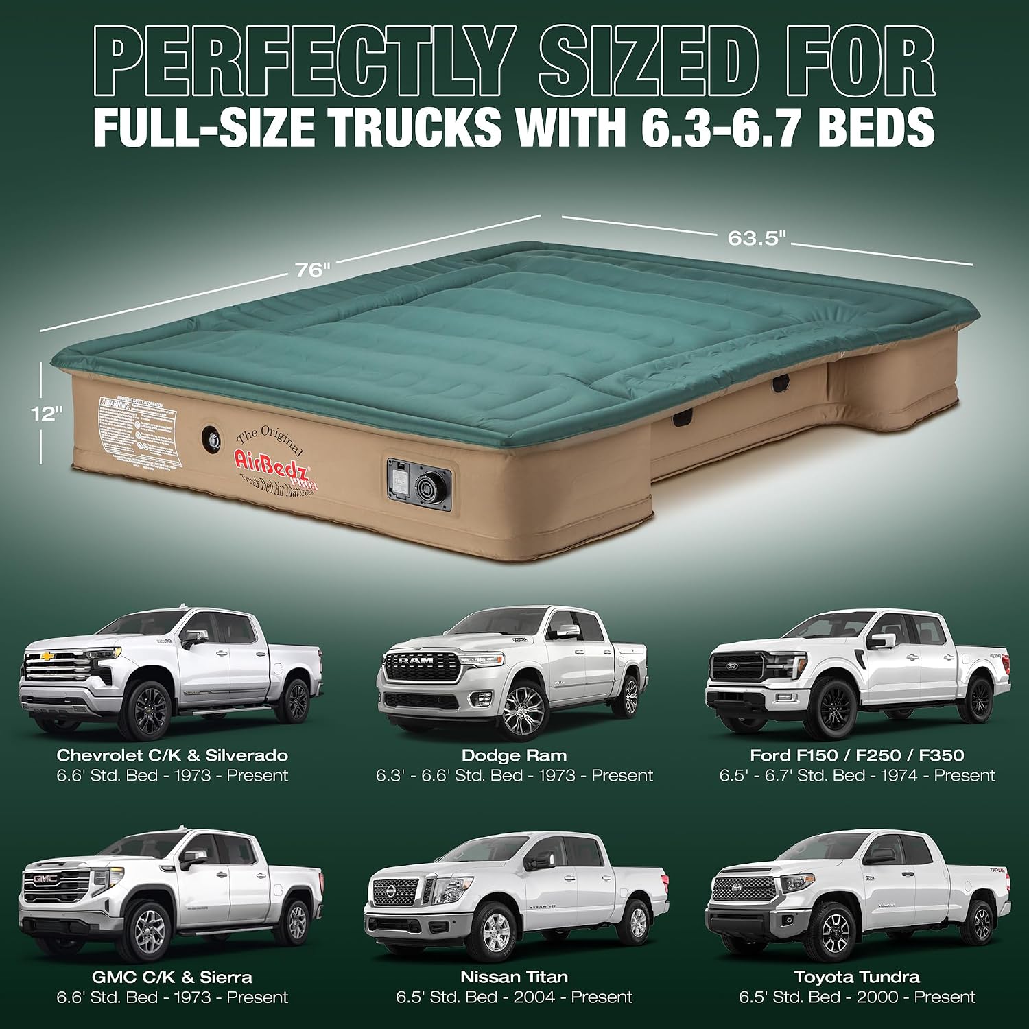 Pittman Outdoors AirBedz Truck Bed Air Mattress – Pro3 Series Truck Bed Mattress for Full Size - Standard Bed - 6' - 6.5' - 25% More Coverage, 1000lb Capacity, with Built-In Pump, Carry Bag - PPI-302