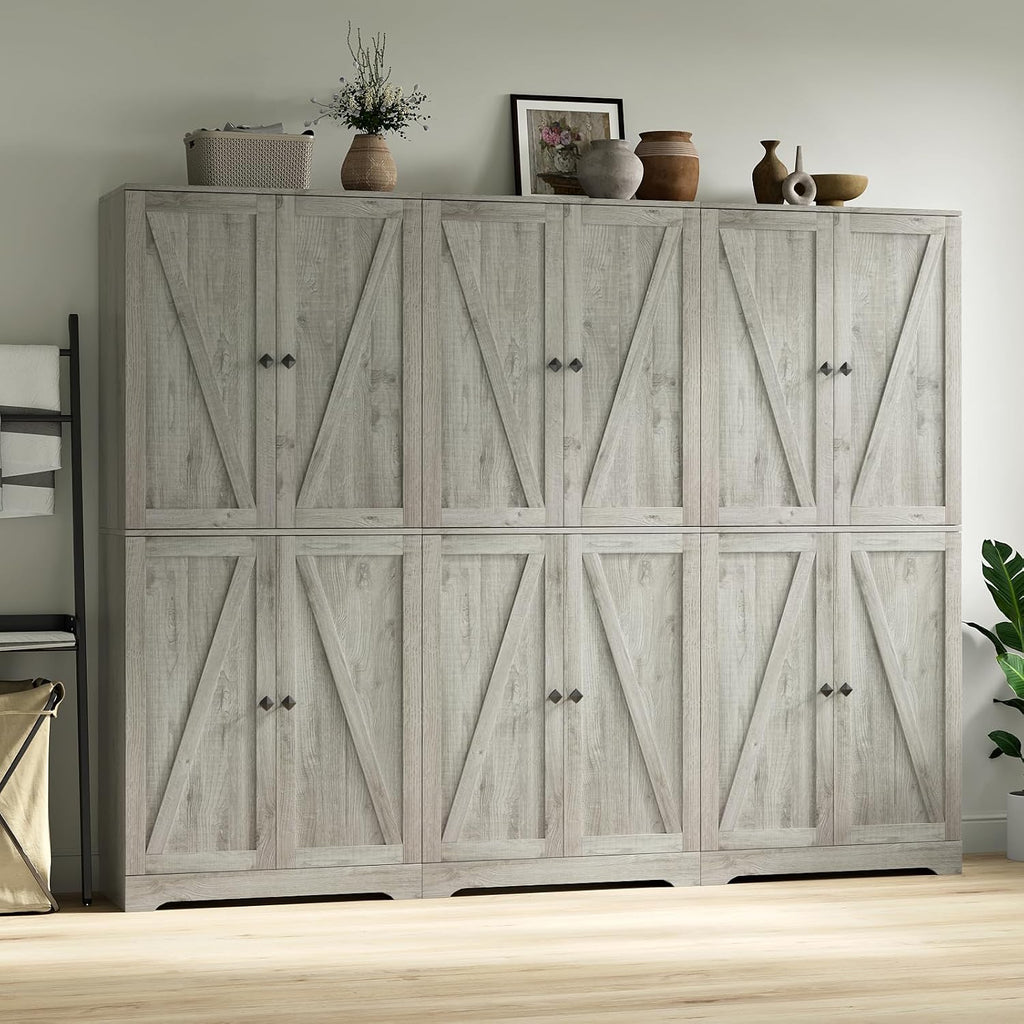 Kitchen Pantry Cabinet Set of 3, 72' Tall Farmhouse Storage Cabinet with 4 Barn Doors and Adjustable Shelves, Versatile Storage for Kitchen, Living Room, Grey