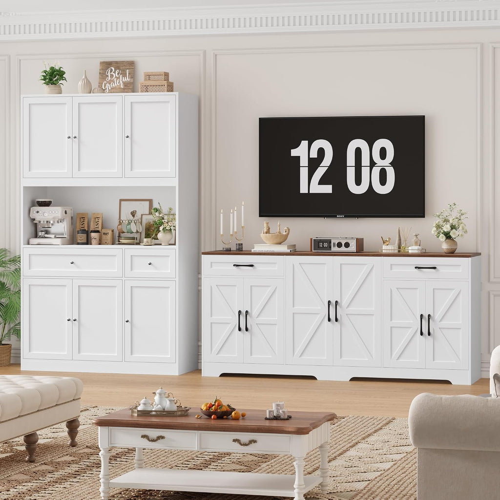 BOTLOG 2PCS Kitchen Cabinets, 71' Large Sideboard Buffet Cabinet with Storage, 72' Tall Pantry Cabinet with Microwave Stand, Wood Coffee Wine Bar Console Table for Kitchen, Dining Room, White