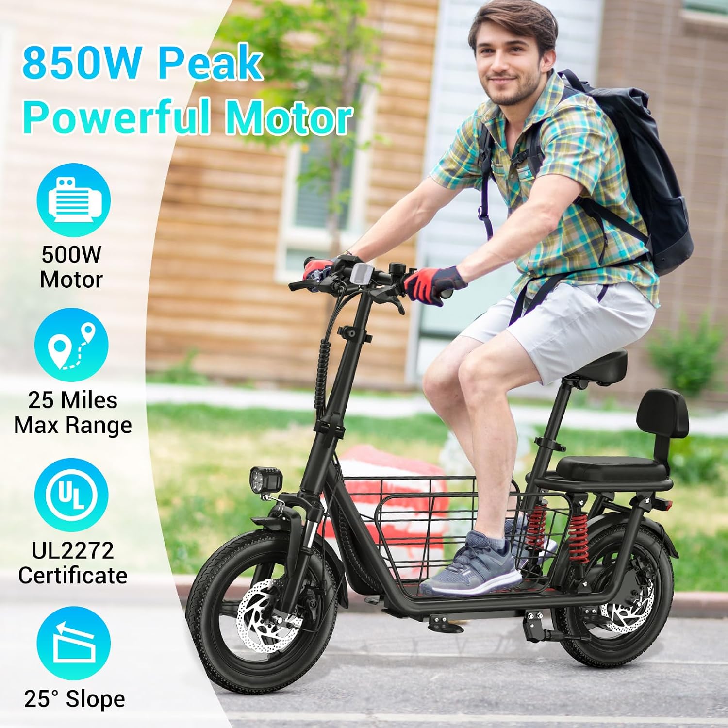 SEHOMY 2 Seater Electric Scooter for Adults 330lbs, Folding Escooters with Seat, 850W Peak Motor, 25/20 Miles Range, 22/15.5 MPH, Storage Basket, Electronic City Commuter Bike Motor Scooters