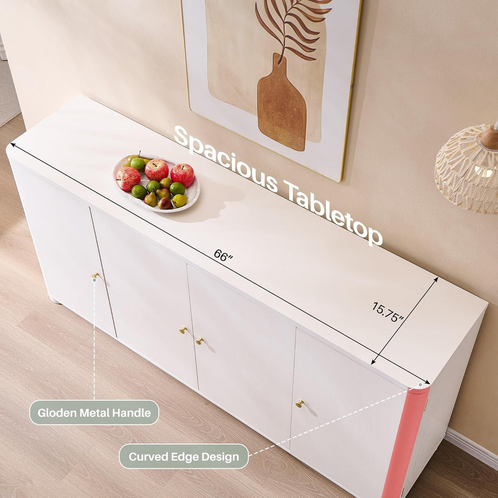 IFGET Curved Buffet Cabinet with Doors, 66' Large Sideboard Buffet Storage Cabinet with 4 Doors and Shleves, Modern Coffee Bar Station Wood Kitchen Table for Kitchen, Dining Room, White