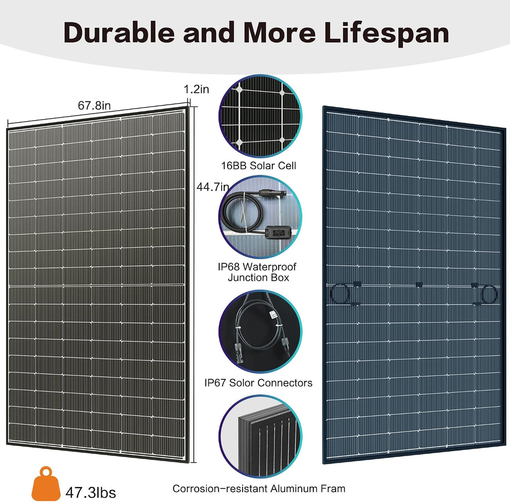 JJN Bifacial 2PCS 400 Watt Solar Panel, N-Type 16BB 400W Solar Panels, 25% High Efficiency Monocrystalline Solar Module for 12V/24V/48V PV System for Homes Rooftop Farm RV and Off-Grid Applications