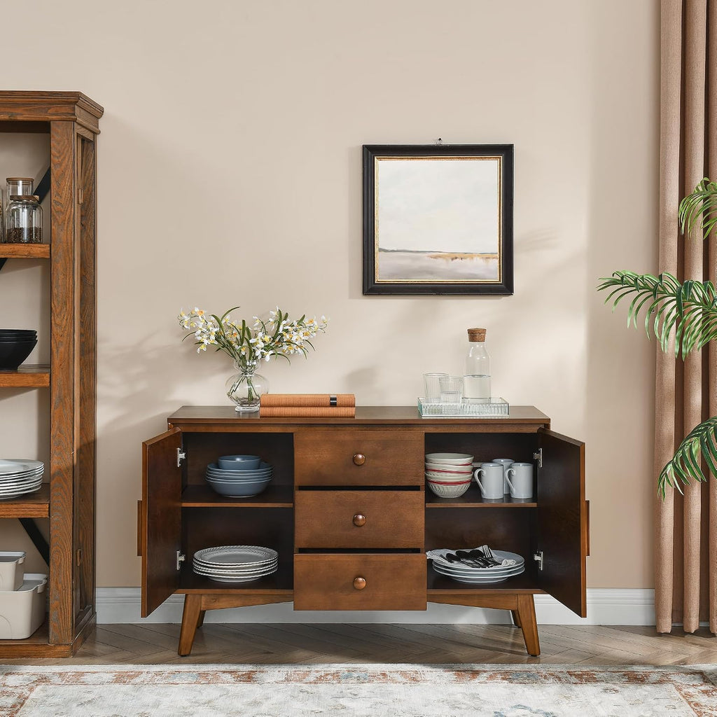 KEIKI Wood Sideboard Buffet Cabinet with Storage, Farmhouse Cupboard with 3 Drawers and Adjustable Shelves, Accent Console Table for Kitchen Dining Living Room, Walnut