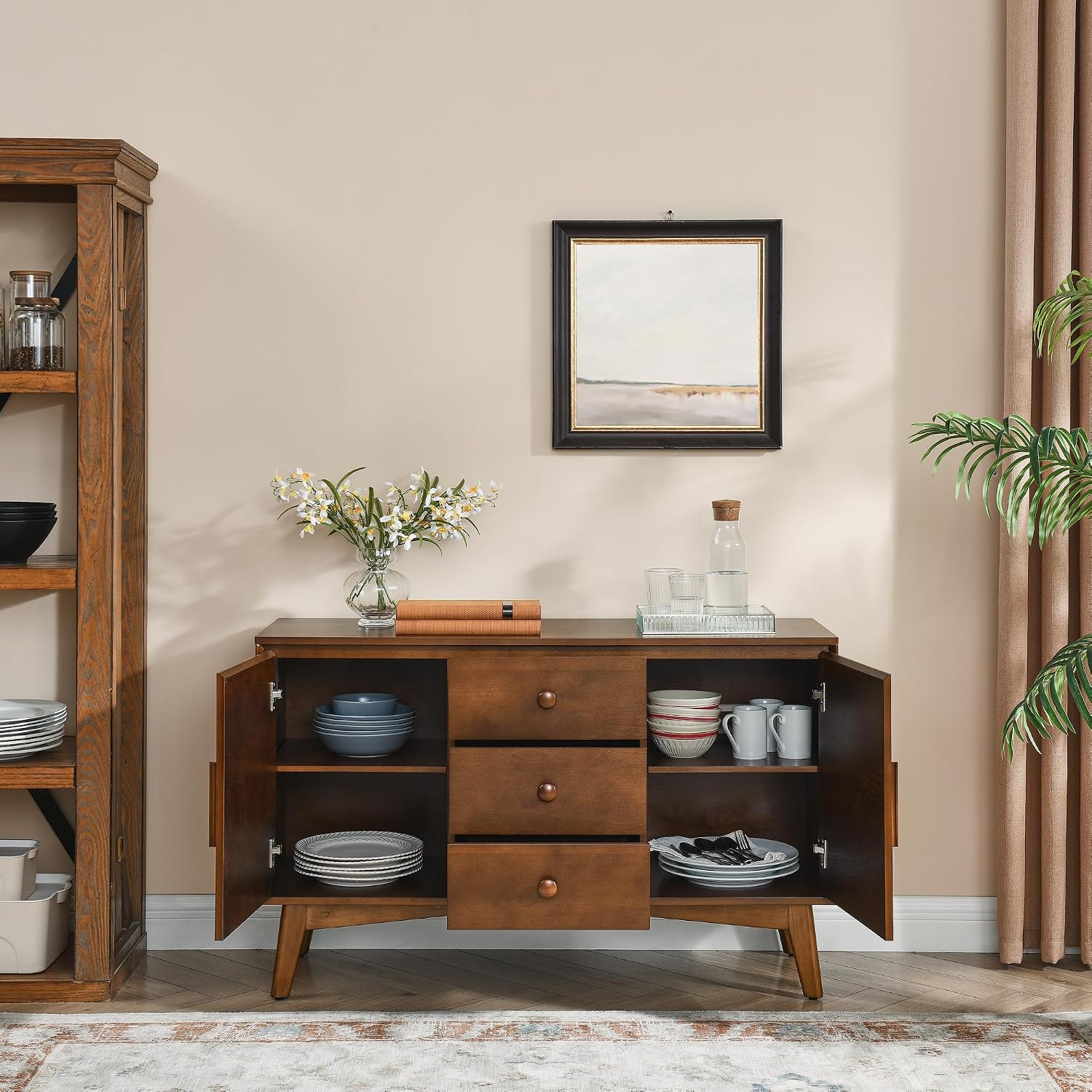 KEIKI Wood Sideboard Buffet Cabinet with Storage, Farmhouse Cupboard with 3 Drawers and Adjustable Shelves, Accent Console Table for Kitchen Dining Living Room, Walnut