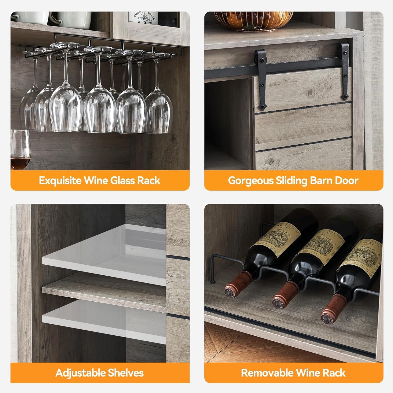 IDEALHOUSE 70'' Wine Coffee Bar Cabinet with Storage Hutch, Tall Kitchen Pantry Liquor Cabinet with Sliding Barn Doors, Bottle Glasses Rack, Farmhouse Buffet for Home Dining Room, Gray