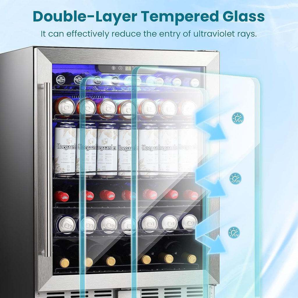 Antarctic Star 166 Can Beverage Refrigerator Cooler, 5.1 Cu.Ft Mini Fridge with Safety Lock, Beverage Cooler with Glass Door/LED Light/Adjustable Removable Shelves for Home/Office/Bar(Stainless Steel)