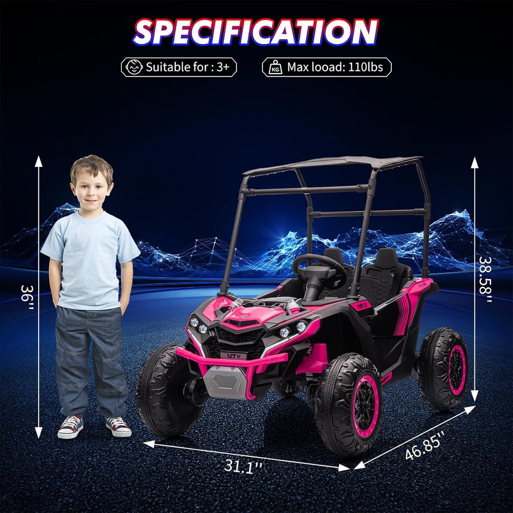 GarveeLife 24V Ride On Utv for Kids, 2 Seater Electric Truck with Sun Shade, 4WD Electric Car Toy with Remote Control, Led Lights, 4 Shock Absorbersm, One Click Start, Music Player(Rose)