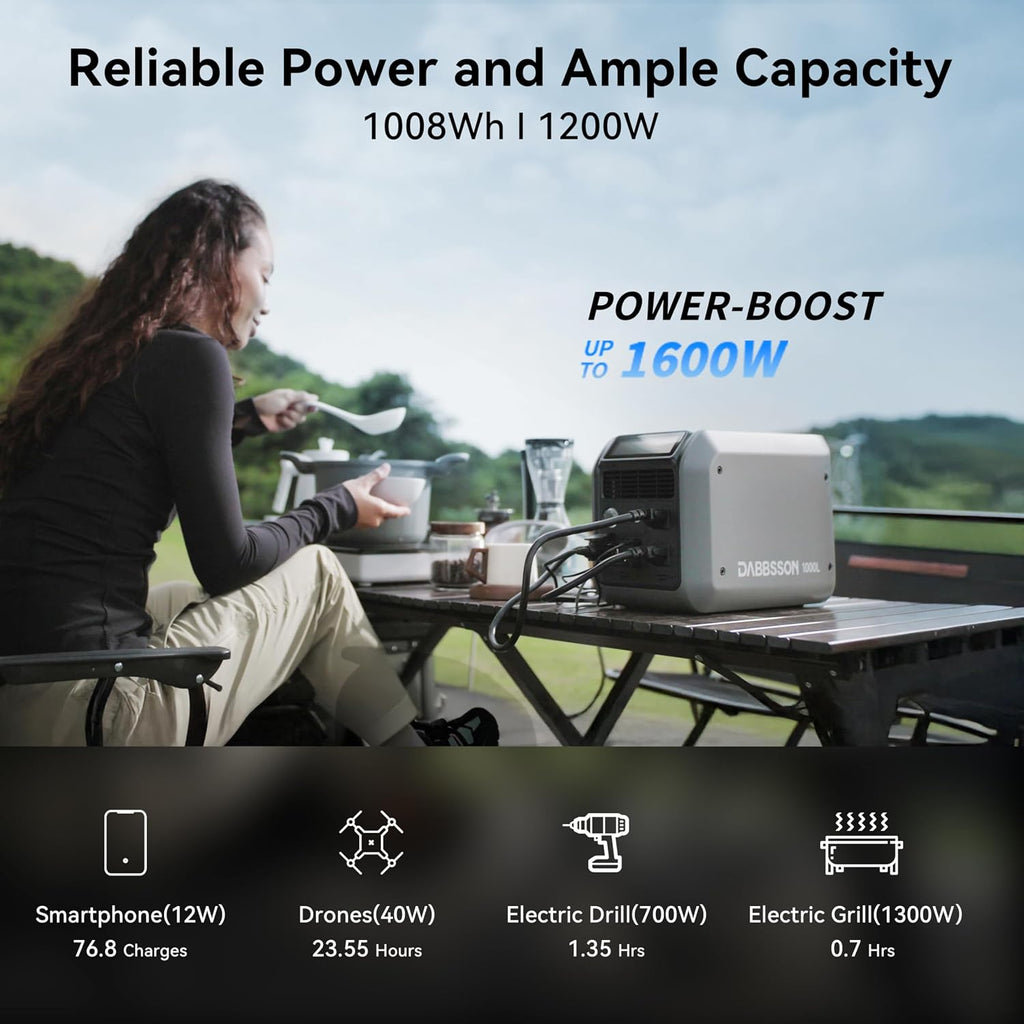 Dabbsson 1008Wh Solar Generator with 210W Solar Panel, Semi-Solid LiFePO4, 1200W AC Output,1600W Power-Boost, 1.2X Longer Runtime, 0-80% in 50 Min, 1000L Portable Power Station for Home/Camping/RV