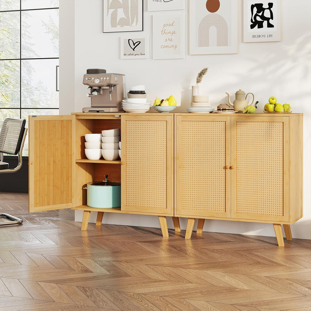 LOKO Bamboo Buffet Cabinet Set of 2, Boho Storage Sideboard with PE Rattan Doors, Freestanding Kitchen Cupboard, Coffee Bar Accent Cabinet for Living Room, Dining Room, Hallway, Natural (2)
