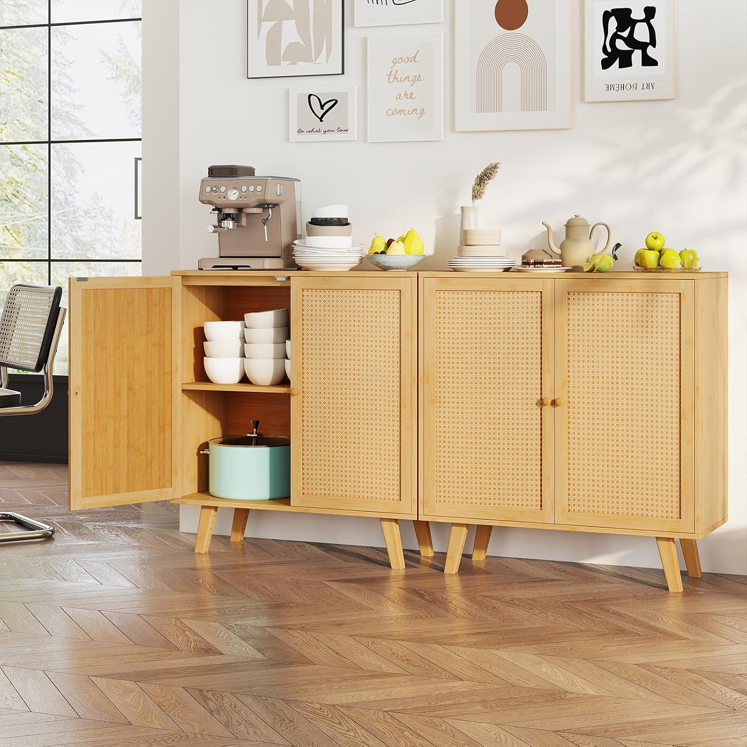 LOKO Bamboo Buffet Cabinet Set of 2, Boho Storage Sideboard with PE Rattan Doors, Freestanding Kitchen Cupboard, Coffee Bar Accent Cabinet for Living Room, Dining Room, Hallway, Natural (2)