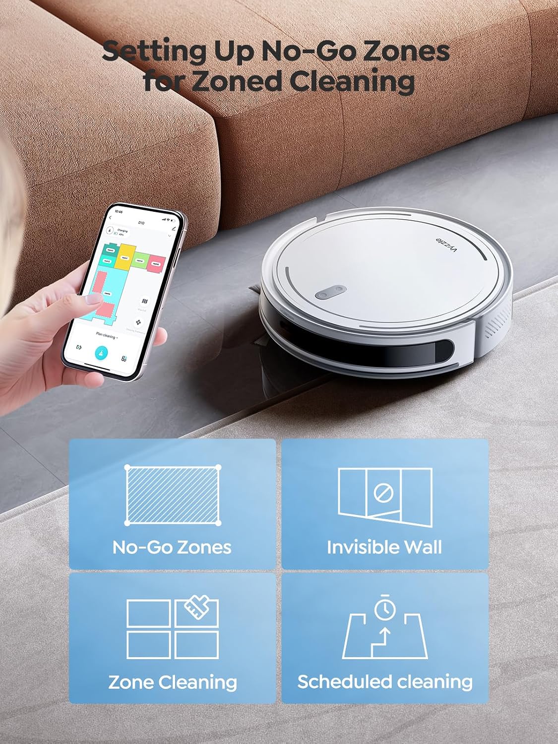 Vyzzle Robot Vacuum and Mop, Smart Navigation Robot Vacuum with 5000Pa Suction, Ultra Slim Robot Vacuum Cleaner, 150Mins Max, App/Alexa Control for Pet Hair, Hard Floor, Carpet, Customized Cleaning