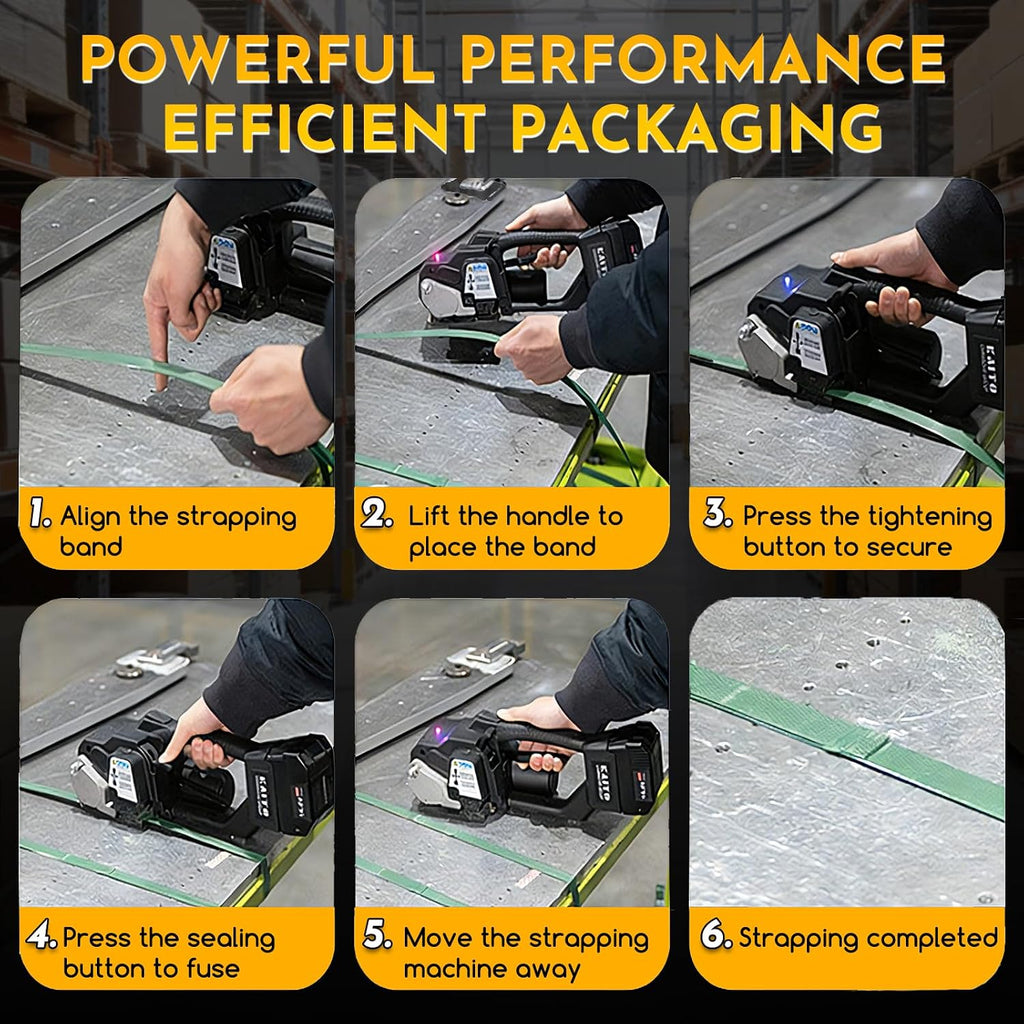 Cordless Electric Strapping Tool for PP/PET Straps, Adjustable Tension 3500N, Dual Battery Powered Handheld Banding Machine for Cartons, Pallets & Industrial Packaging