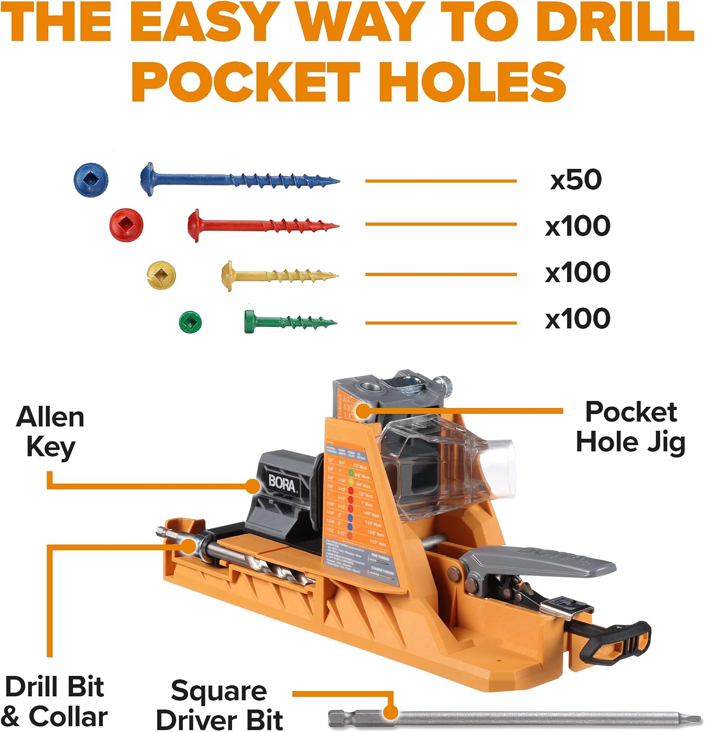 BORA Automatic Pocket Hole Jig with 350 pc Pocket Hole Screw Set, Auto Adjusting Drill Guide, Pocket Hole Jig Kit for Woodworking - For Materials 1/2' to 1-1/2' Thick, Power Tool Accessory Jigs