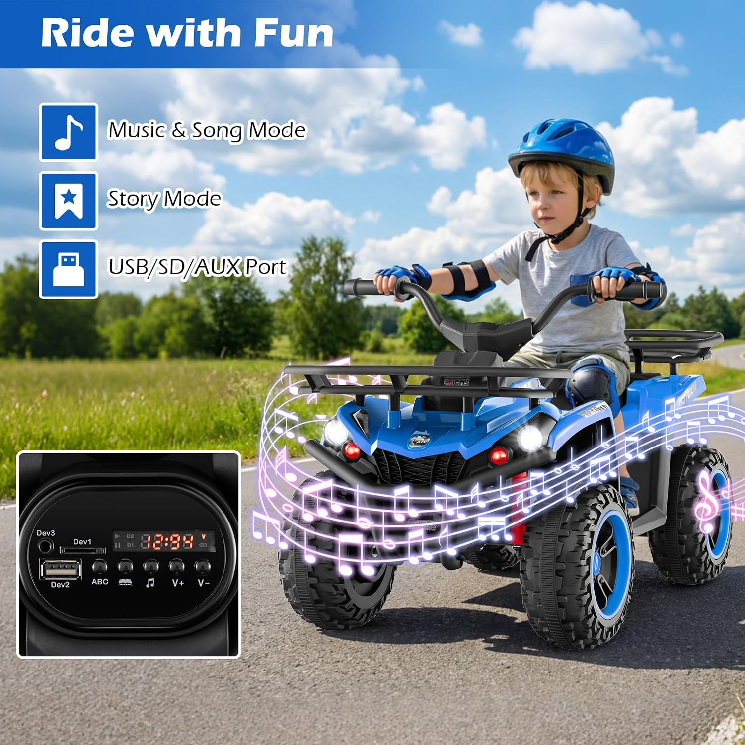OLAKIDS 12V Kids ATV Quad with 2 Speeds, Spring Suspension, LED Lights, Music & Story Player, Big Tires, 2 Storage Spaces, Ride On Car for Boys Girls Ages 3+(12V, Blue)