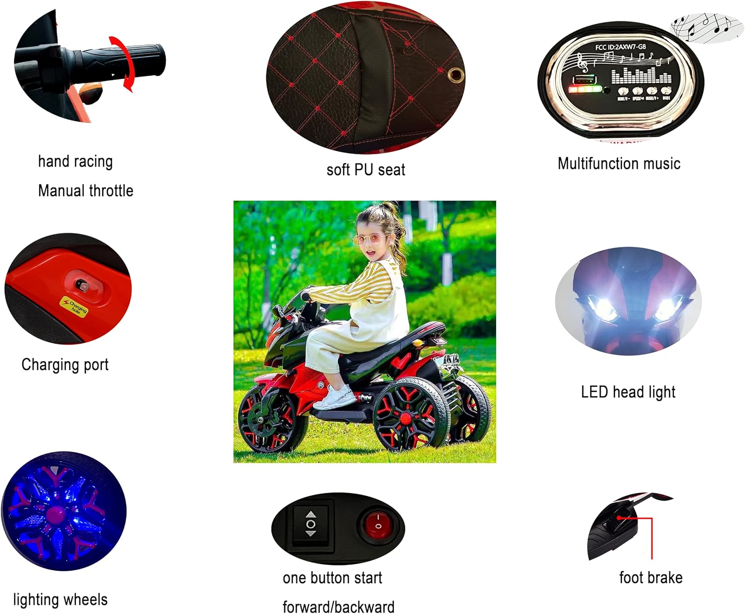 12V Kids Electric Motorcycle with Training Wheels | Plastic, PU seat, manual throttle, foot brake, USB, MP3, phone link, light-up wheels, ages 3-6, 45.3 W x 23.2 D x 28.7 H in