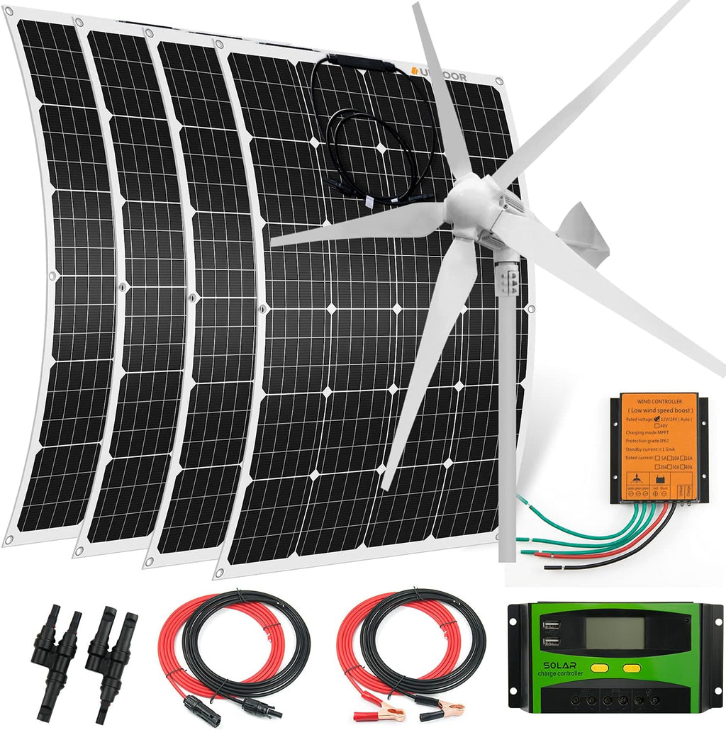 1480 Watts 24 Volt Solar & Wind Hybrid Kit for Home Boat RV Camping: 4 x 120W Flexible monocrystalline Solar Panel + 1000W Wind Turbine + Accessories,Solar Wind Power Generator System