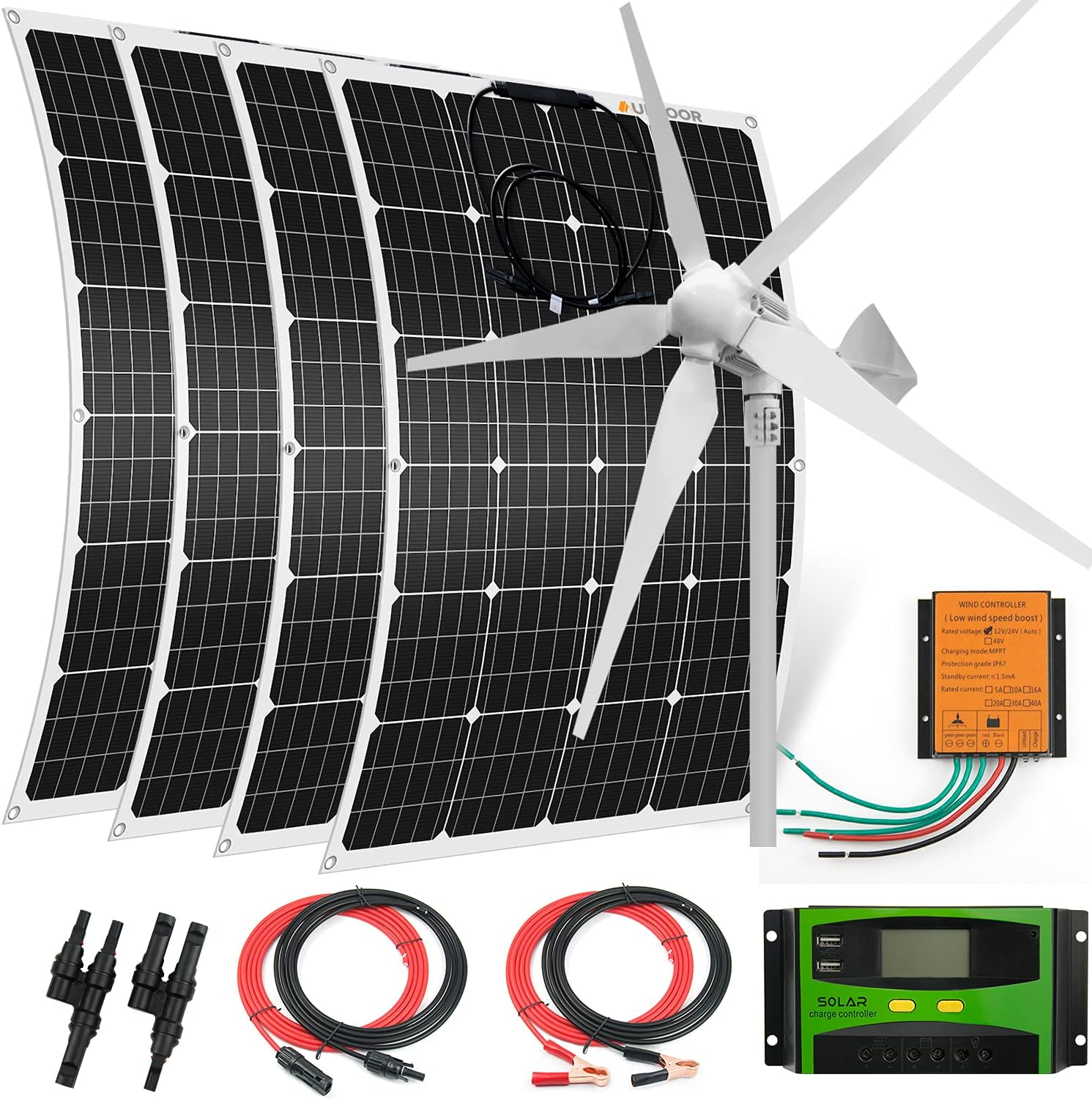 1480 Watts 24 Volt Solar & Wind Hybrid Kit for Home Boat RV Camping: 4 x 120W Flexible monocrystalline Solar Panel + 1000W Wind Turbine + Accessories,Solar Wind Power Generator System