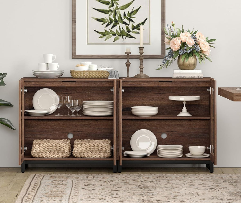 WAMPAT Sideboard Buffet Cabinets, Modern Credenza Sideboard with Adjustable Shelf and Metal Base, Coffee Bar Cabinet Accent Storage Cabinet for Living Room, Kitchen, Brown-A, 2 Pcs