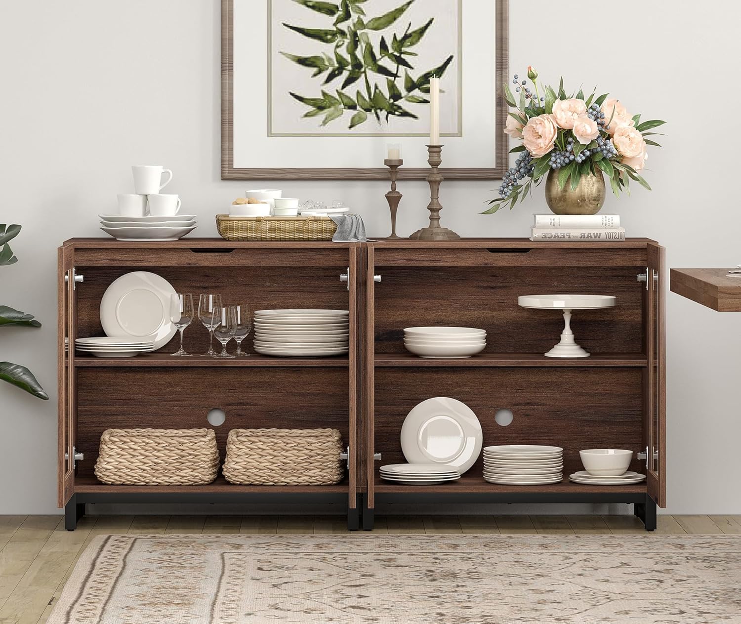 WAMPAT Sideboard Buffet Cabinets, Modern Credenza Sideboard with Adjustable Shelf and Metal Base, Coffee Bar Cabinet Accent Storage Cabinet for Living Room, Kitchen, Brown-A, 2 Pcs