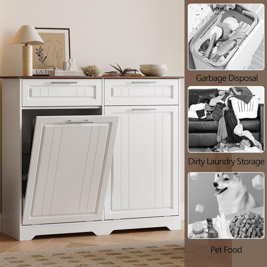 2 x 10 Gallon Double Tilt Out Trash Can Cabinet with Deodorizing Function & Charging Station, Hidden Laundry Hamper Cabinet with Storage Drawers, Garbage Can Holder for Kitchen, Bathroom, White