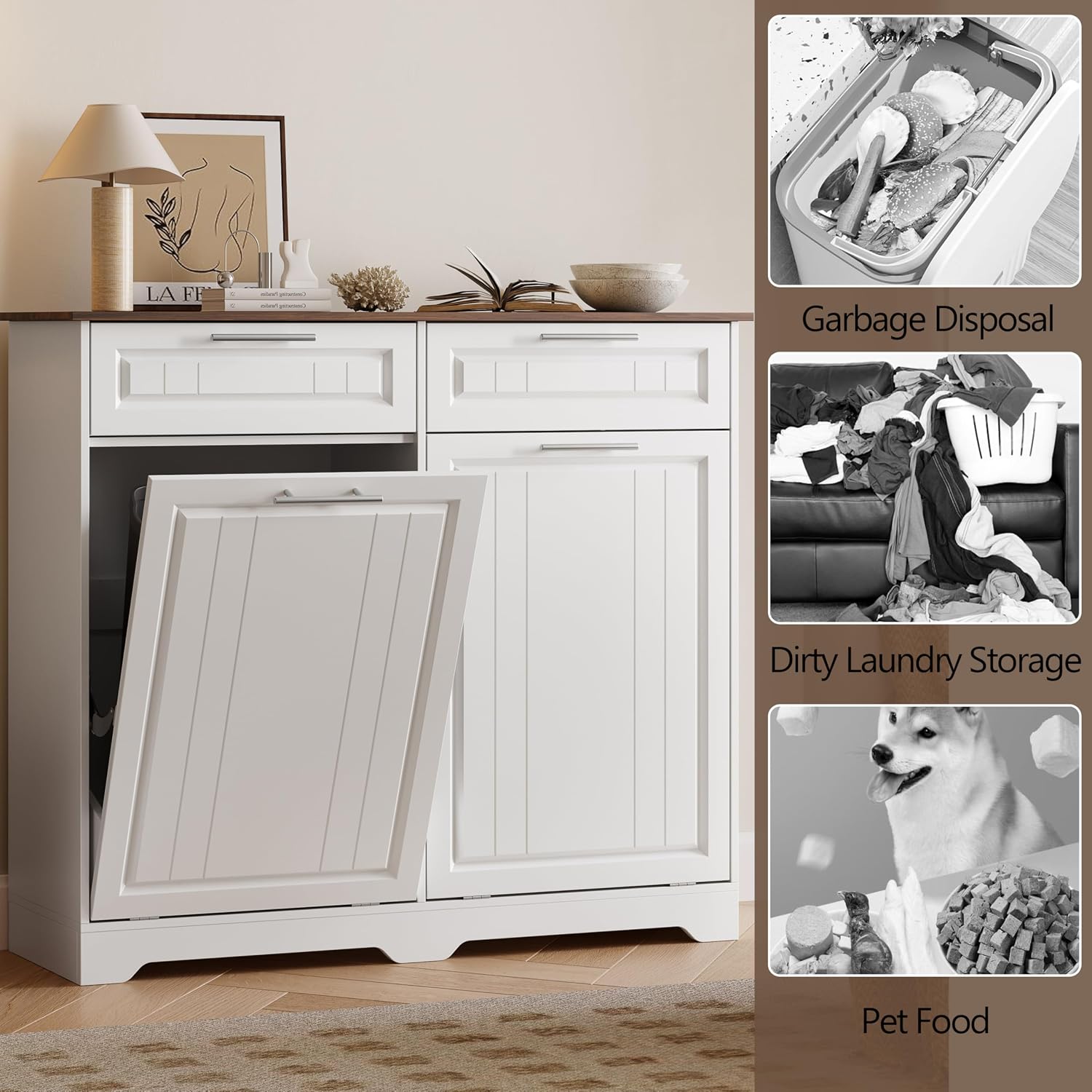 2 x 10 Gallon Double Tilt Out Trash Can Cabinet with Deodorizing Function & Charging Station, Hidden Laundry Hamper Cabinet with Storage Drawers, Garbage Can Holder for Kitchen, Bathroom, White