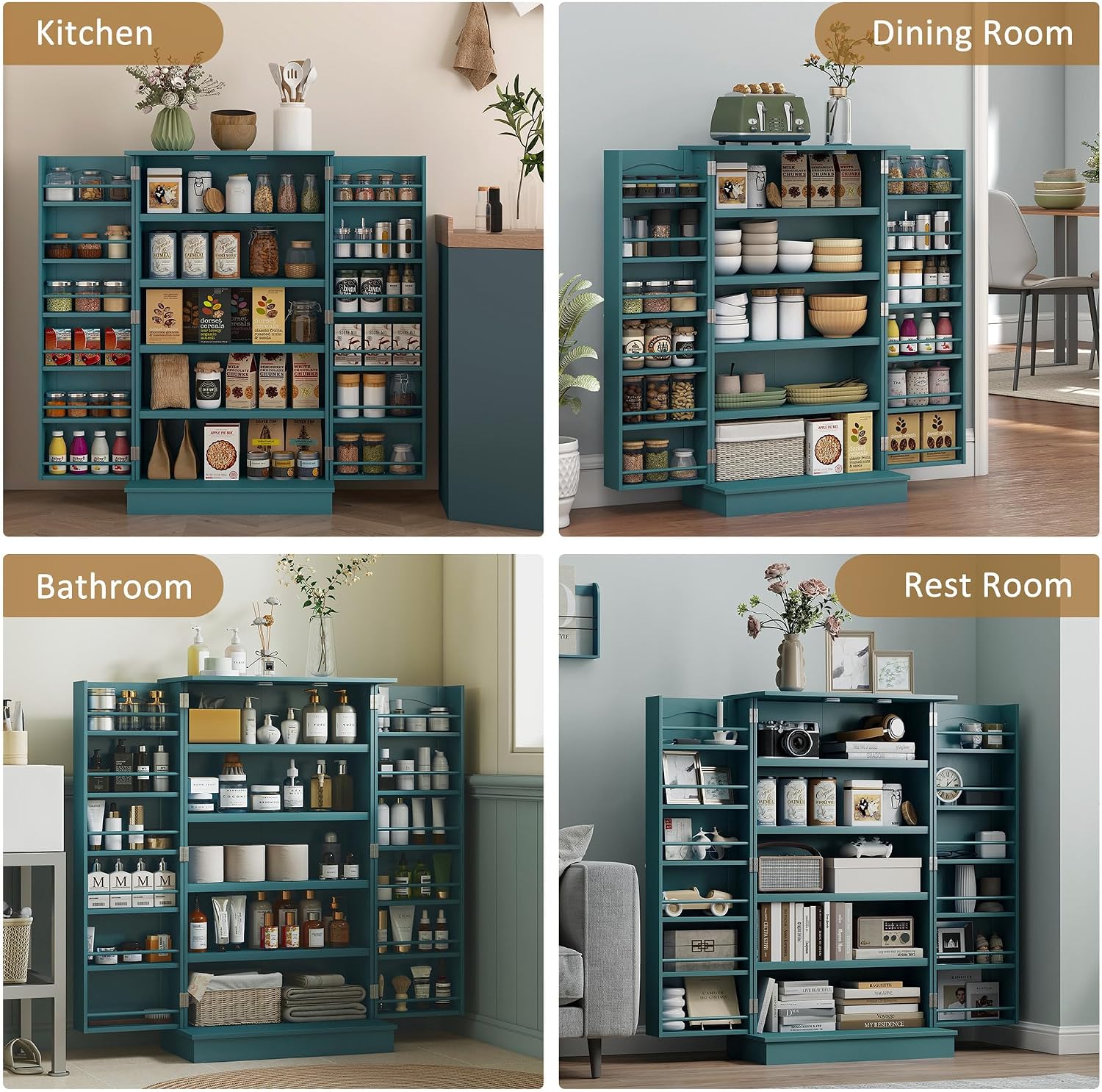 HOMCOM 41' Kitchen Pantry Storage Cabinet, Freestanding Kitchen Cabinet with 12 Door Shelves, Double Doors, 5-Tier Shelving and Adjustable Shelves, Blue