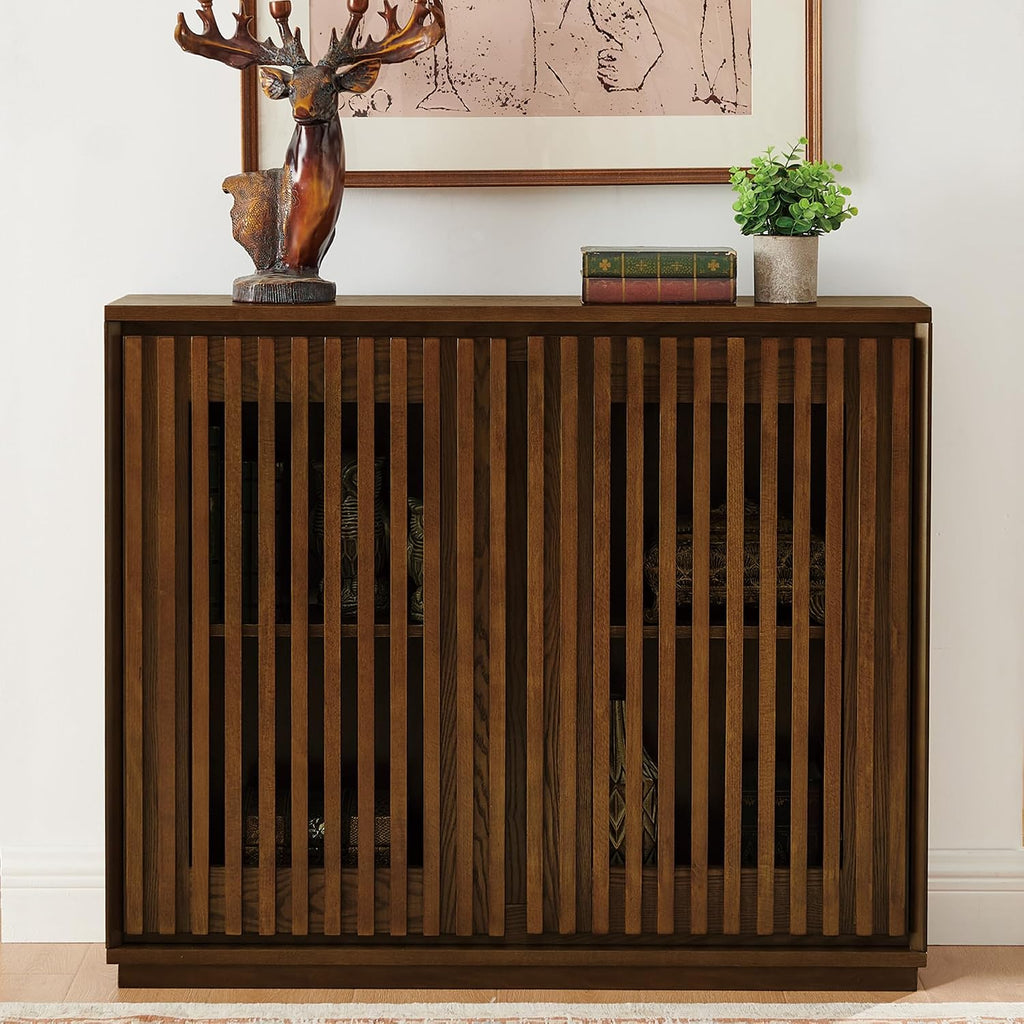 LKTART 39' Walnut Narrow Sideboard Buffet Storage Cabinet for Entryway | Walnut Wood Small Sideboard Storage Cabinet;Mid Century Modern Thin Entryway Cabinet for Living Room,Hallway,Small Space