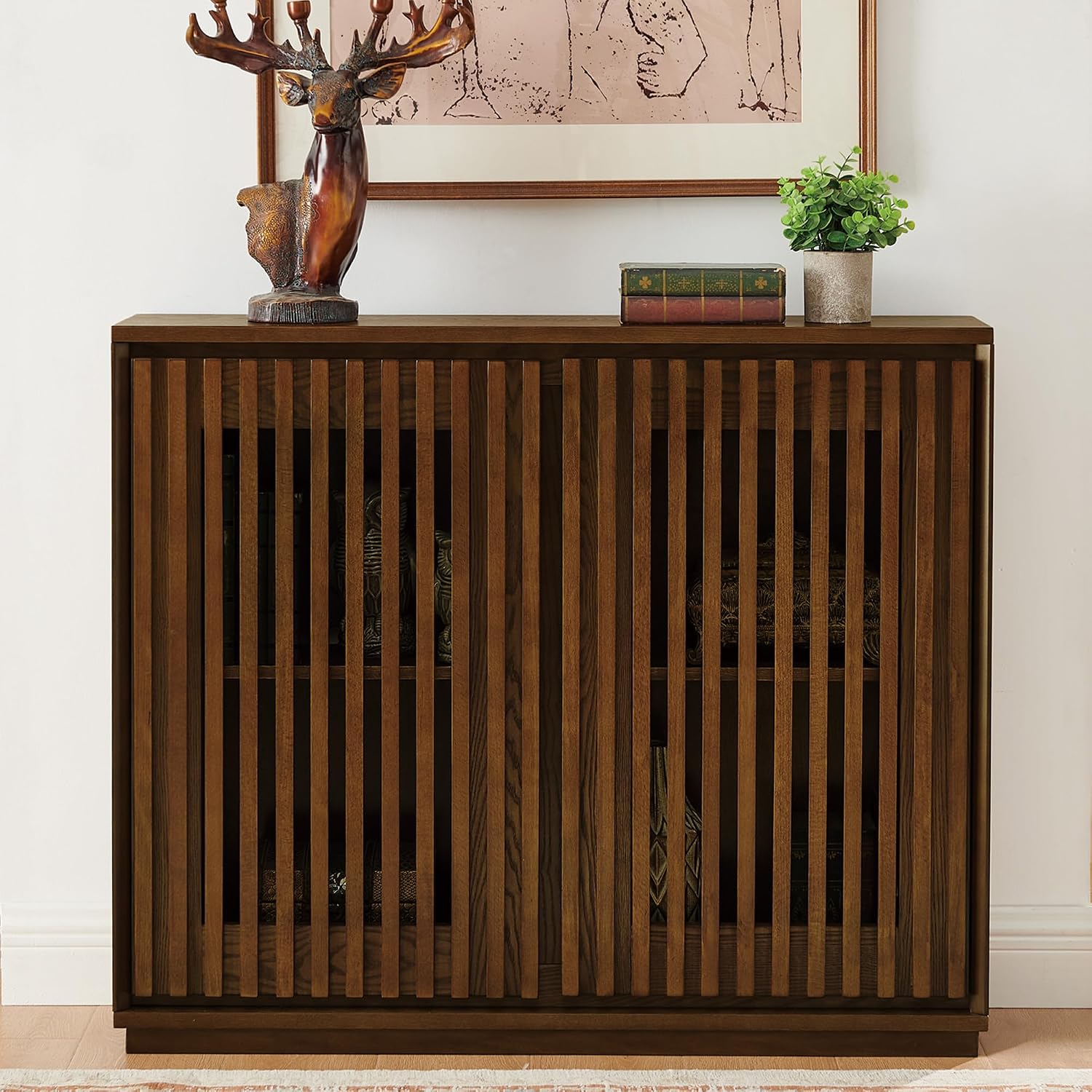 LKTART 39' Walnut Narrow Sideboard Buffet Storage Cabinet for Entryway | Walnut Wood Small Sideboard Storage Cabinet;Mid Century Modern Thin Entryway Cabinet for Living Room,Hallway,Small Space