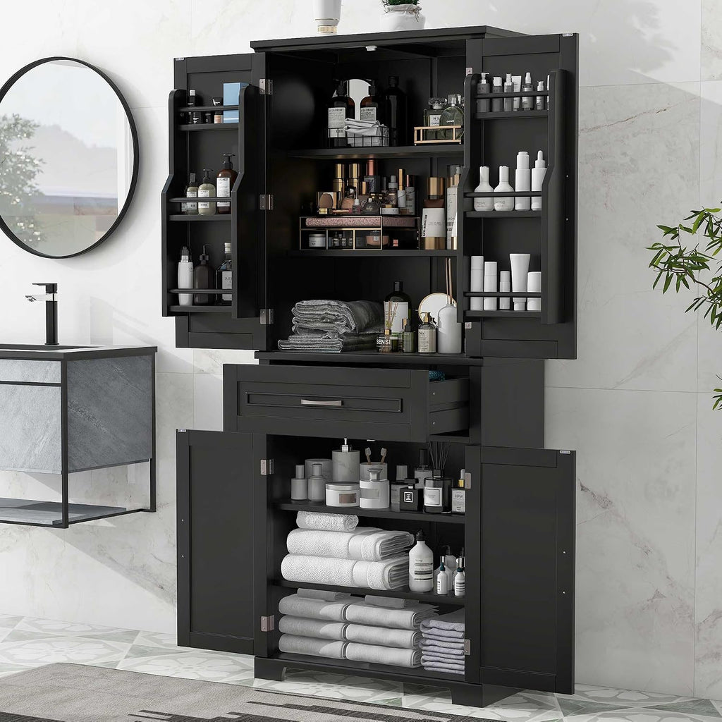 Storage Cabinet with 4 Doors and Drawers, 72.2' H Kitchen Cabinet with 6 Door Shelves, Kitchen Storage Cabinets with Adjustable Shelves for Living Room, Black